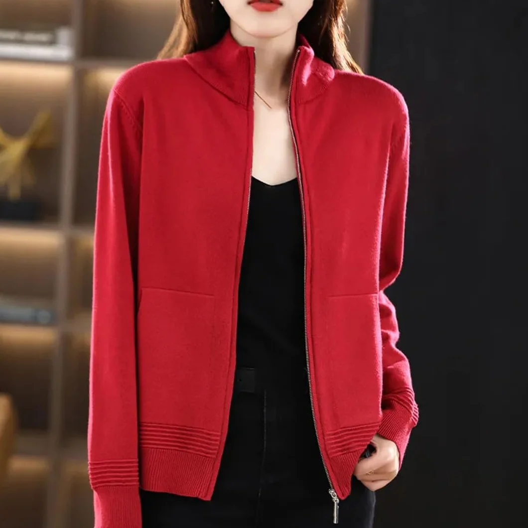 Alloaone Suéter De Lana para Mujer Cárdigan con Doble Cremallera Tops De Punto Casuales