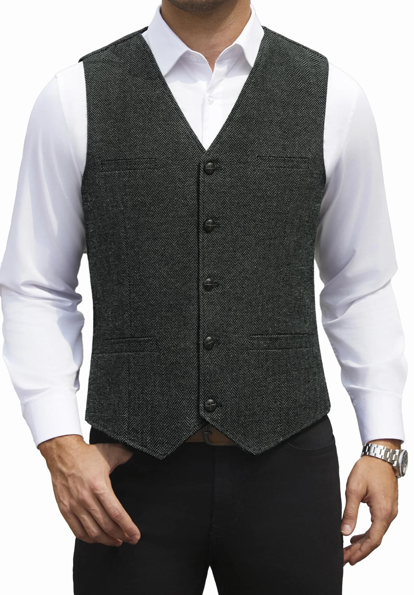 HISDERN Chaleco Traje Hombre Vintage Casual Chaleco Tweed de Lana Hombre para Boda Negocios con Bolsillos