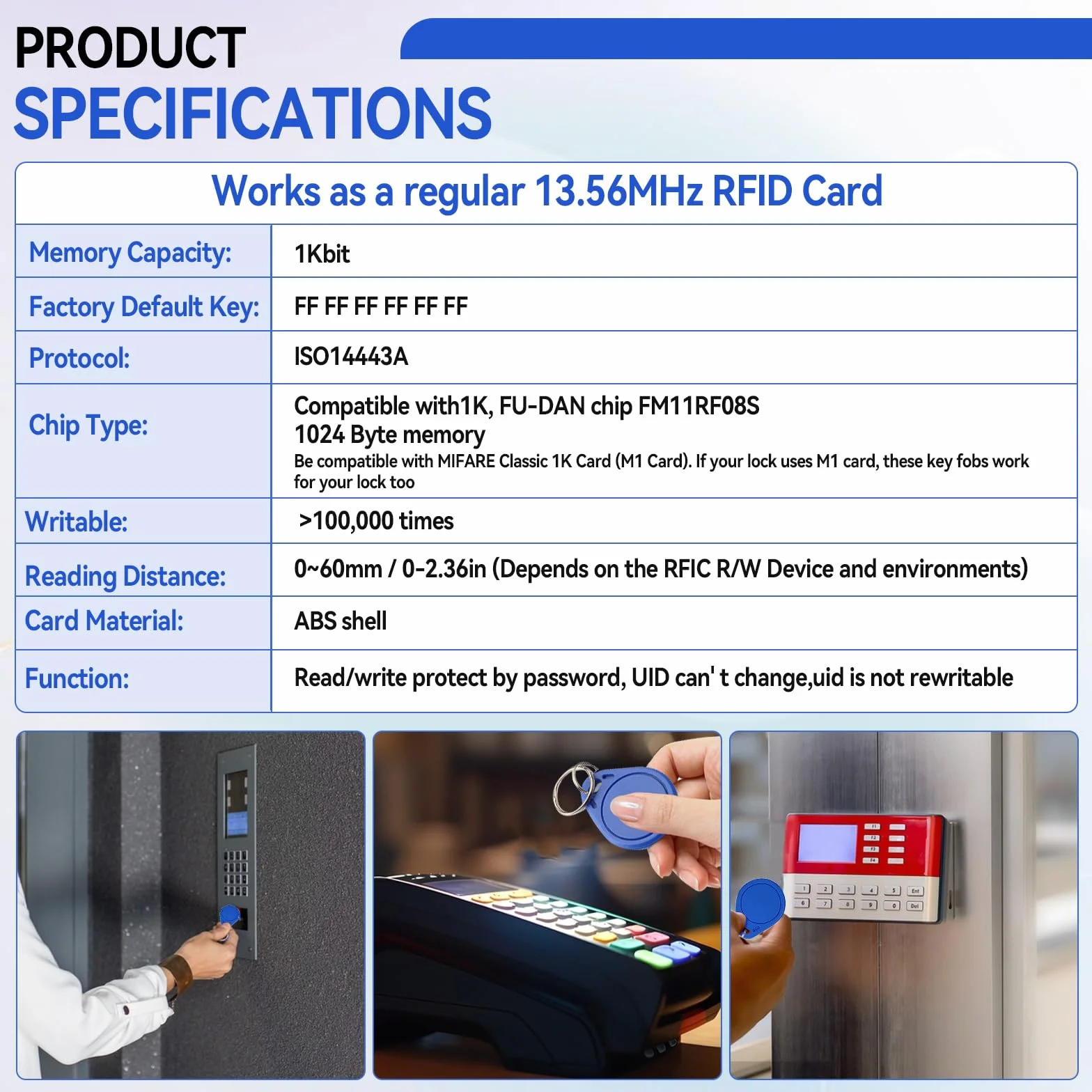 MIFARE Llaveros clásicos 1K RFID IC ISO14443A 13.56 MHz tarjeta control acceso azul 50 unidades