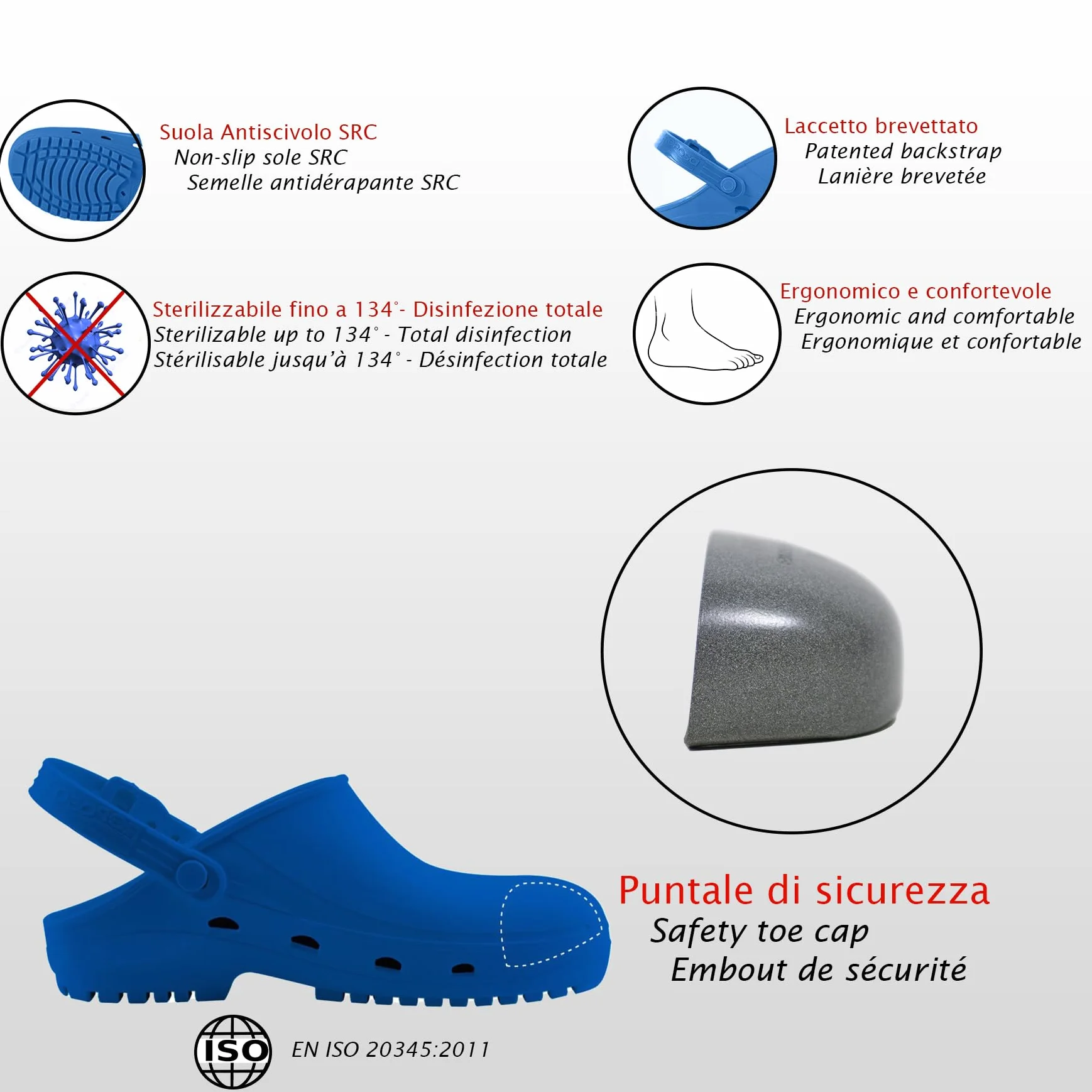 REPOSA Safe - Zuecos Sanitarios Mujer y Hombre en Goma, Zapatos Sanitarios Anatómicos con Correa Trasera Ajustable, Suela Antideslizante, Puntera de Seguridad, Zuecos Enfermera Antishock Transpirables