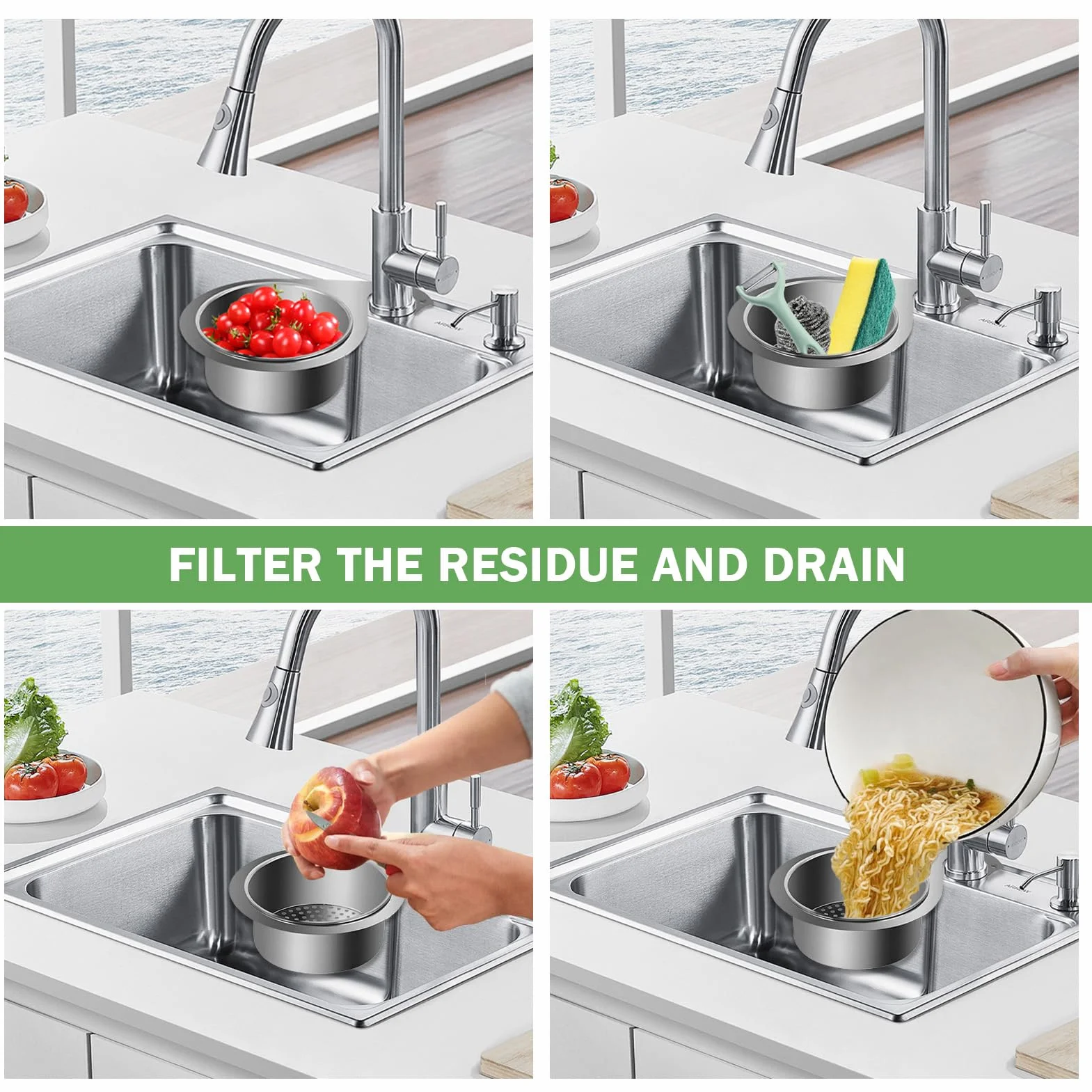 Cesta Filtro Fregadero Cisne Acero Inoxidable, Colador Extraíble, 2 Piezas