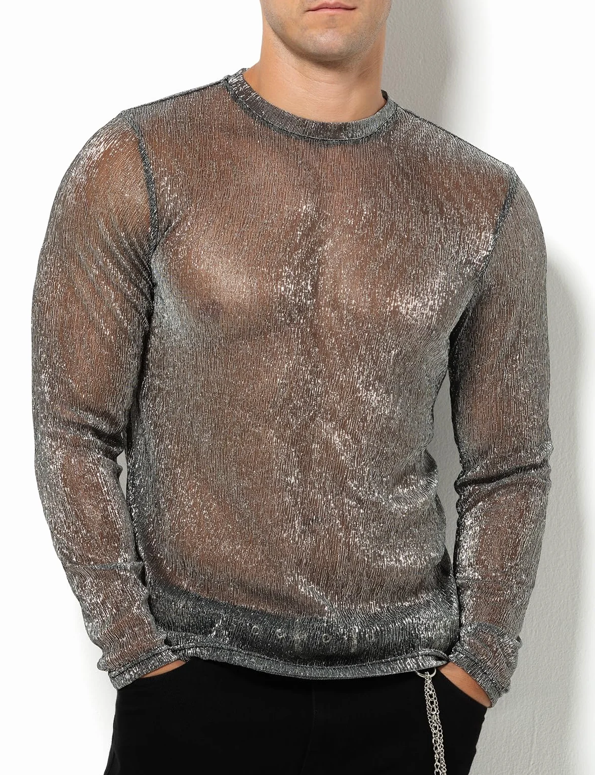 Casey Kevin Camiseta Transparentes Manga Larga Hombre Brillo Lentejuelas Rejilla Camisa Fiesta Plateada Brillante Ropa Sexy Top Fiesta Discoteca Punk Nocturno Jazz Rock Hip Hop Dance Clubwear