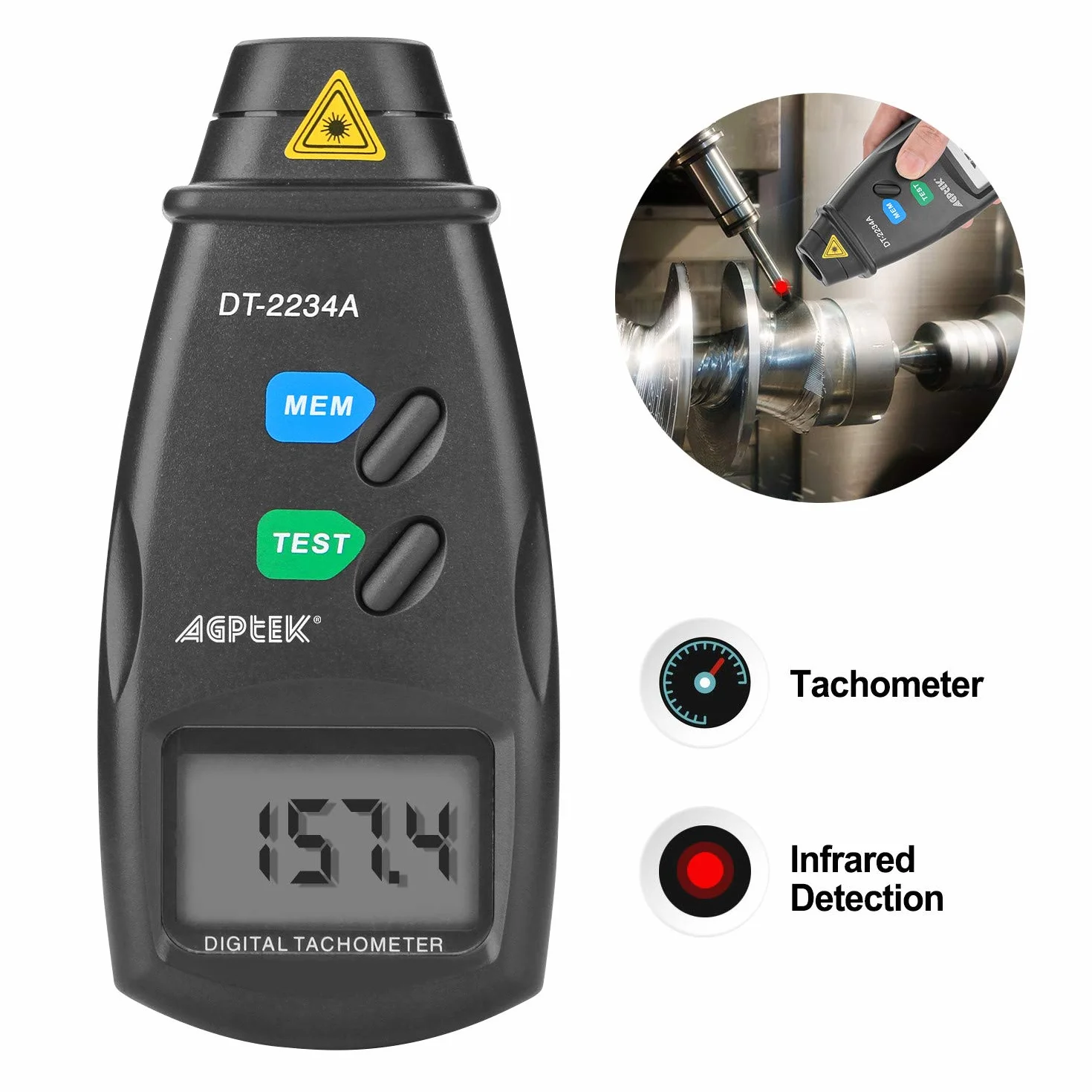 FITNATE 20713A Tacómetro Digital RPM, Medidor de Velocidad sin Contacto, 2,5~99 999 RPM con Baterías y Cinta Reflectante