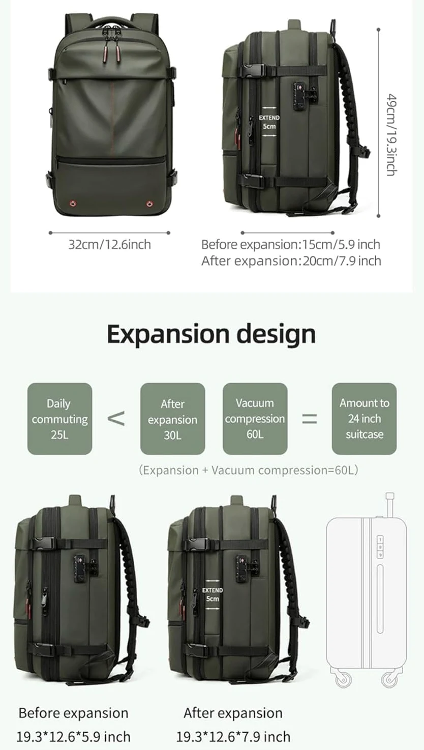 Genérico Mochila de viaje al vacío con bomba – Mochila de compresión de cabina con airbag, antirrobo e impermeable, ampliable hasta 60L para hombre y mujer,Green