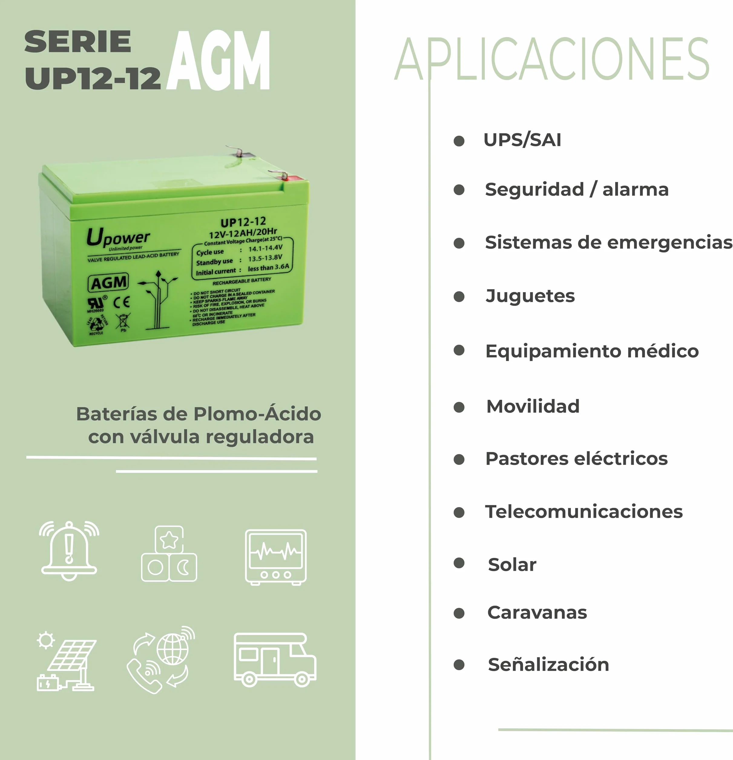 U-Power Batería AGM 12V 12Ah Sellada Recargable Plomo-Ácido VRLA Terminal Faston F2 6.3mm