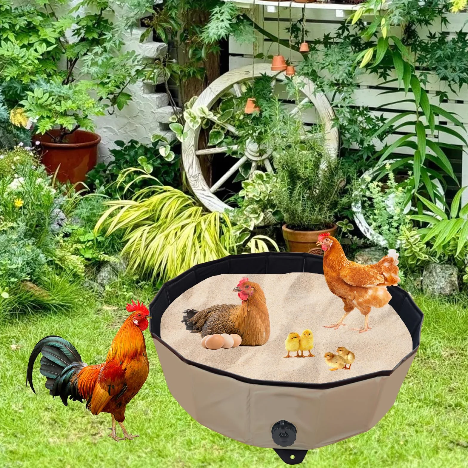 Pollo Baño de Arena Bañera Plegable para Gallinas, Recipiente de Limpieza PVC Portátil