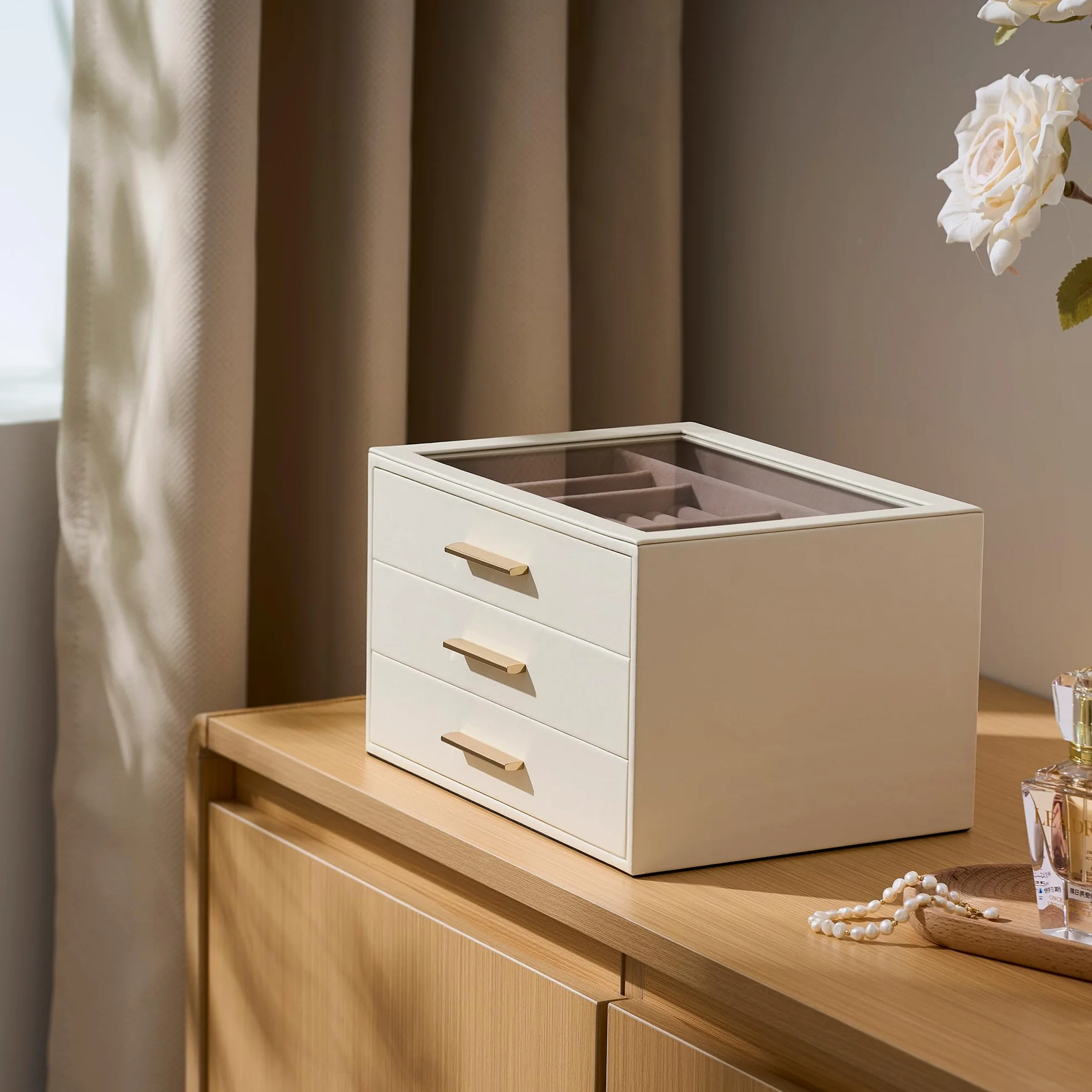 Joyero Organizador para con Ventana de Cristal, Caja Guardajoyas de 3 Capas | Cuero Blanco Marfil y Terciopelo Rosa - Estuche Organizador de Joyas para Anillos, Pendientes, Collares, Pulseras y Relojes,