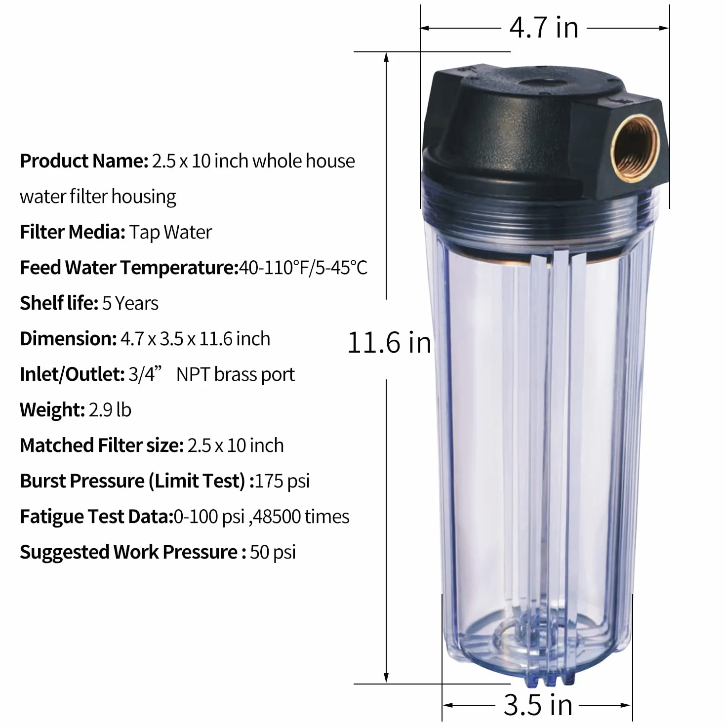 Geekpure Carcasa transparente de 10 pulgadas para filtro de 2,5 x 10 pulgadas - 3/4" entrada/salida con llave y soporte