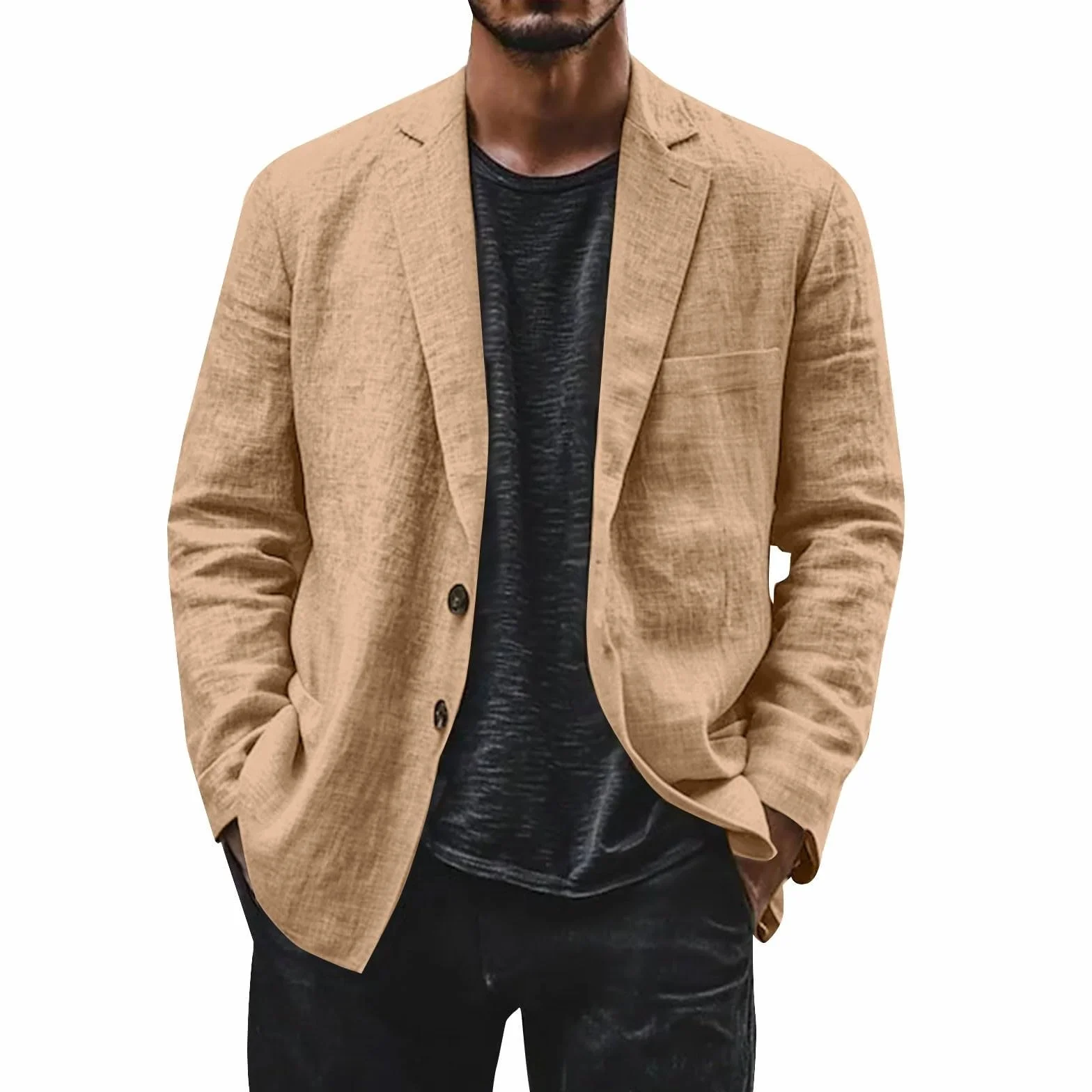 Blazer Hombre Verano Lino, Americana Hombre Casual Talla Grande Manga Larga Holgados Solapa Cazadora con Botones Color Sólido Moda Cómodo Blazer Lino Abrigo con Bolsillos para Uso Diario