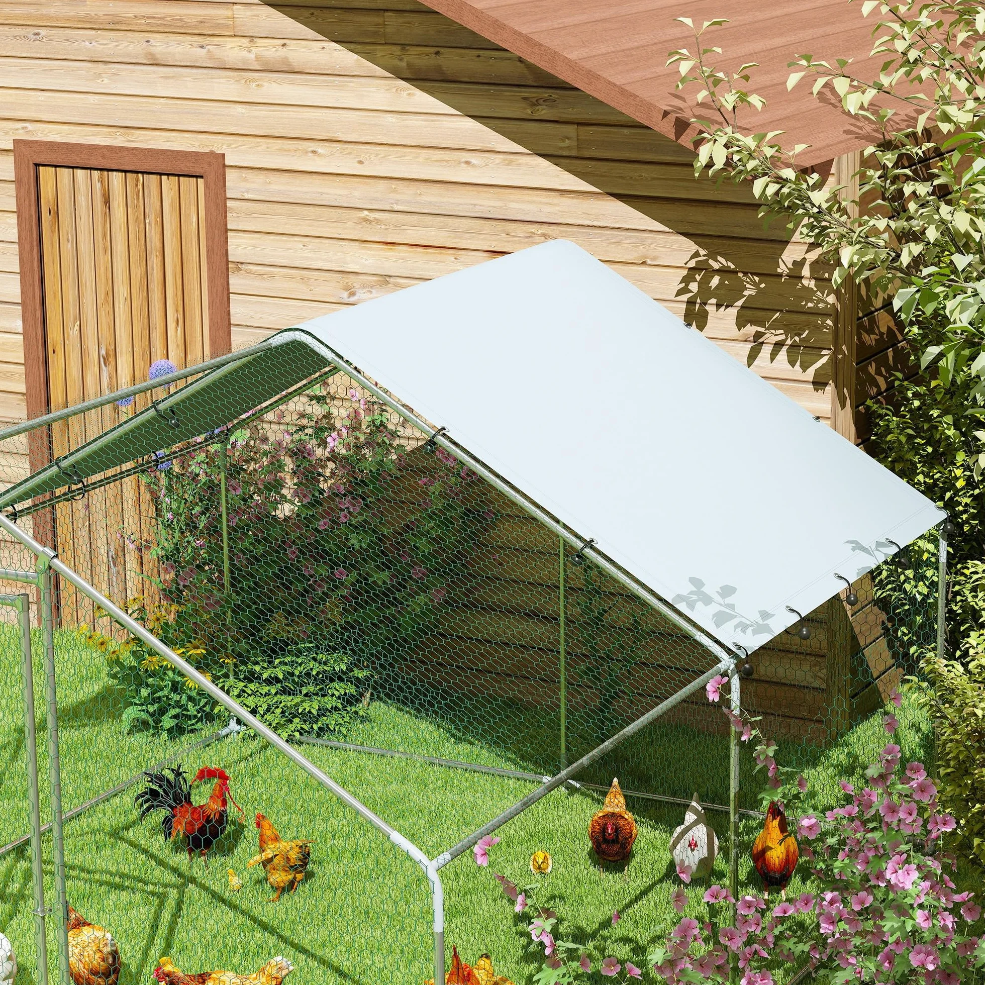 PawHut Gallinero Exterior Grande 3x3,4x1,9 m Acero Galvanizado Puerta Doble Cierre Cubierta Tela Oxford Anti-UV Impermeable para 10-15 Gallinas