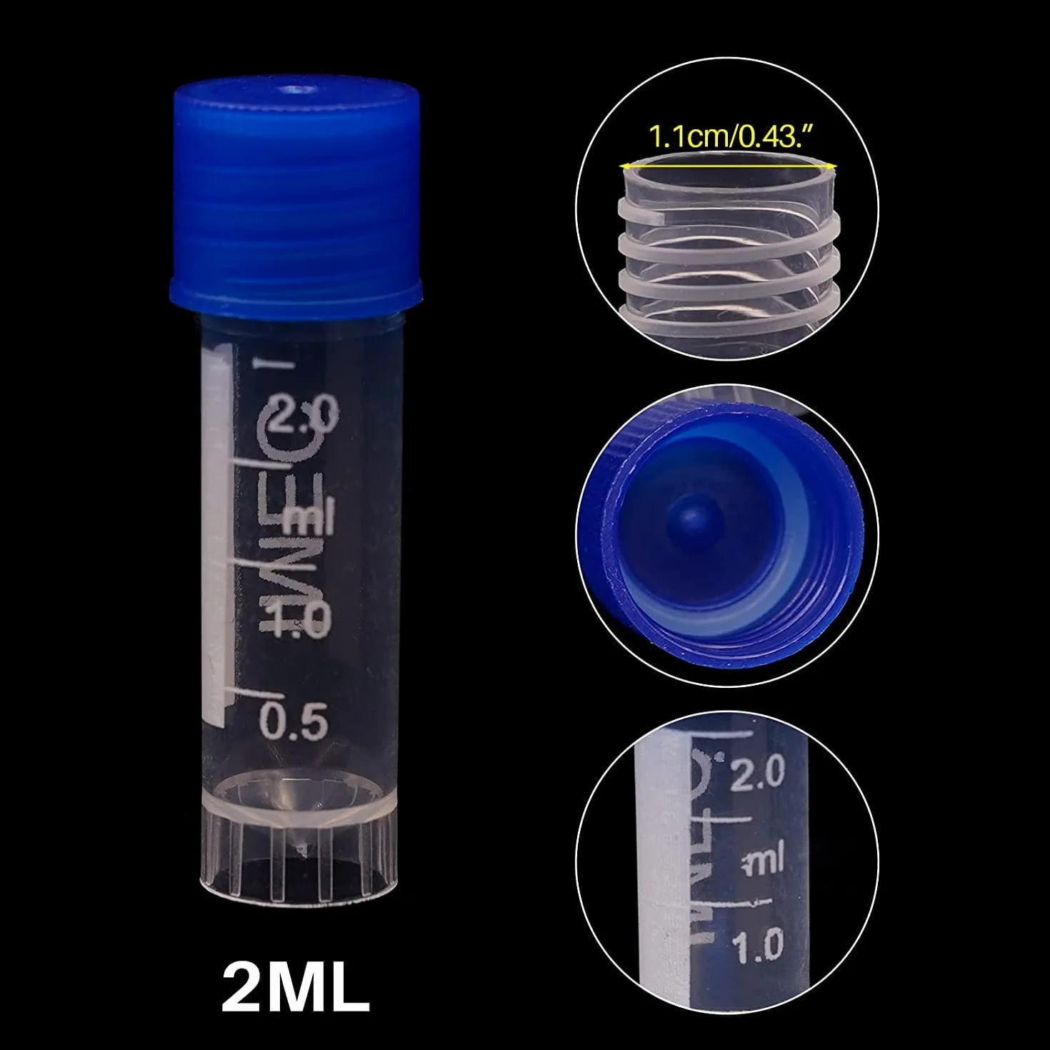 HUAZIZ 100 Piezas 2 Ml Tubos de Ensayo Plástico, Tubo Criogénico, Vial con Tapa de Tornillo Azul para Laboratorio