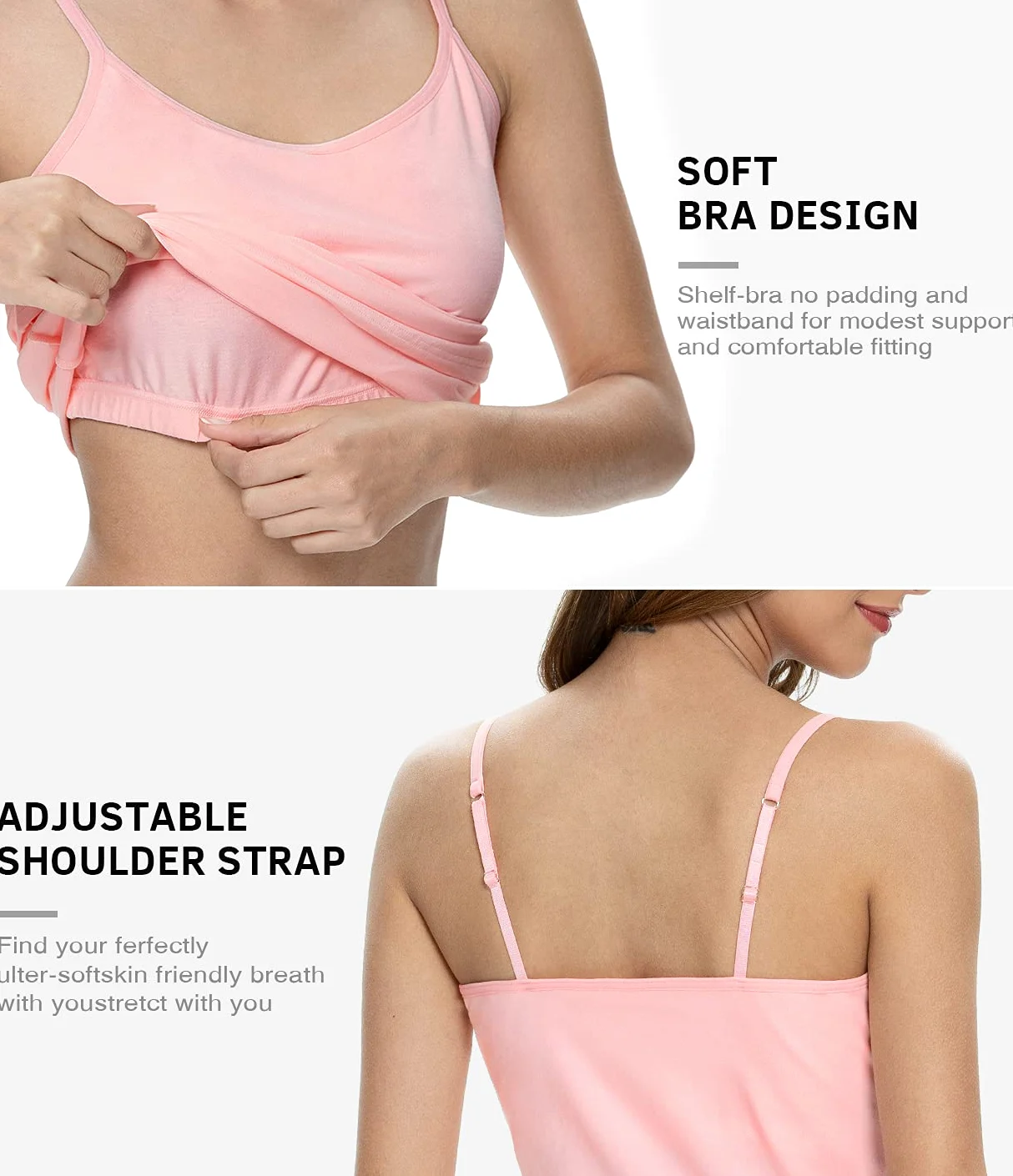 Air Curvey Paquete de 3 camisolas para mujer, brasier integrado, correa ajustable, camiseta interior de algodón suave, camisetas sin costuras