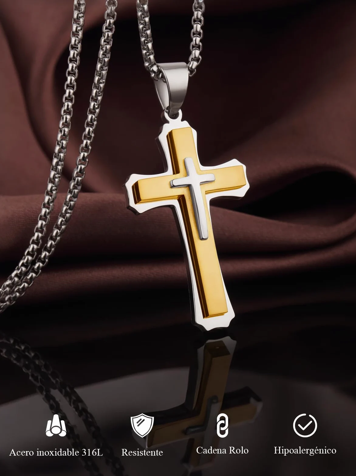 Collar Cruz Hombre Plata/Dorado/Negro Colgante Cruz para Hombre Acero Inoxidable 316L Joyero Cristiano de Cadena