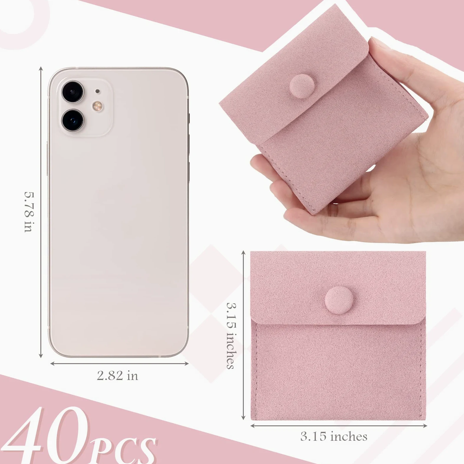 Bonuci Bolsa de microfibra para joyas, 8 x 8 cm, bolsa de embalaje de joyería, bolsa de regalo pequeña de lujo, botón a presión con divisor, bolsa de microfibra para embalaje de pulseras y collares