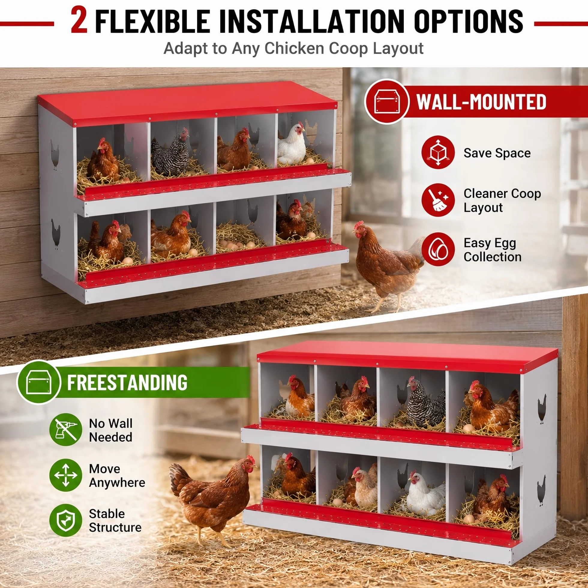Garvee Caja Nido para Gallinas 8 Compartimentos, Nidal de Acero Galvanizado con Ventilación Lateral, Bandeja Extraíble
