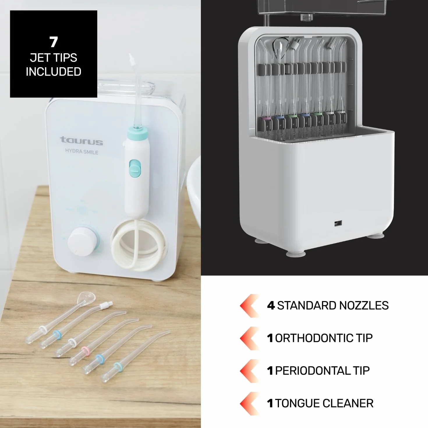 Taurus Irrigador Bucal Hydra Smile 20W 600ml 10 Presiones 3 Modos 7 Boquillas 1200-1700 Pulsos/min Control Táctil Auto Off