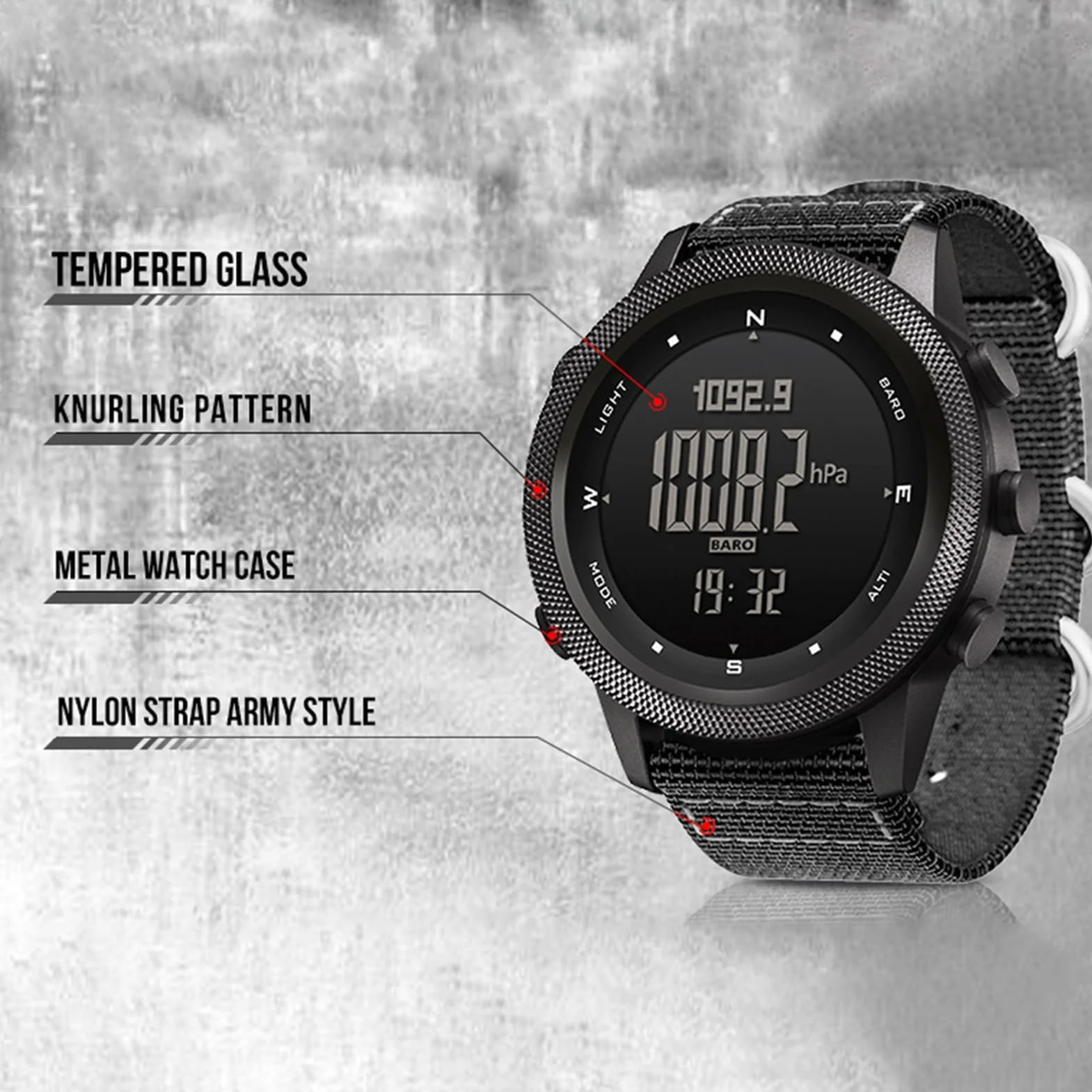 Reloj para Correr Al Aire para Hombre, Altímetro Digital Multifuncional, Barómetro, Brújula, Acero Inoxidable Negro