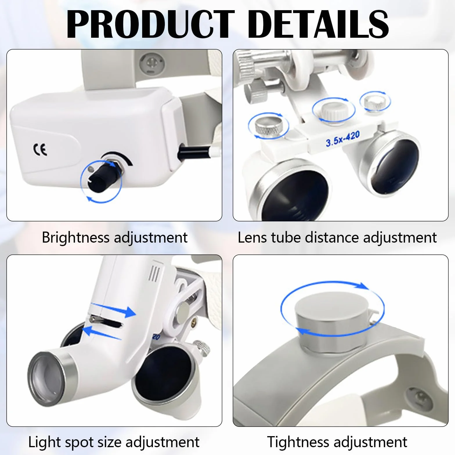 Lupas Quirúrgicas Dentales Médicas 3.5X 420mm con Lámpara LED 5W Ajustable