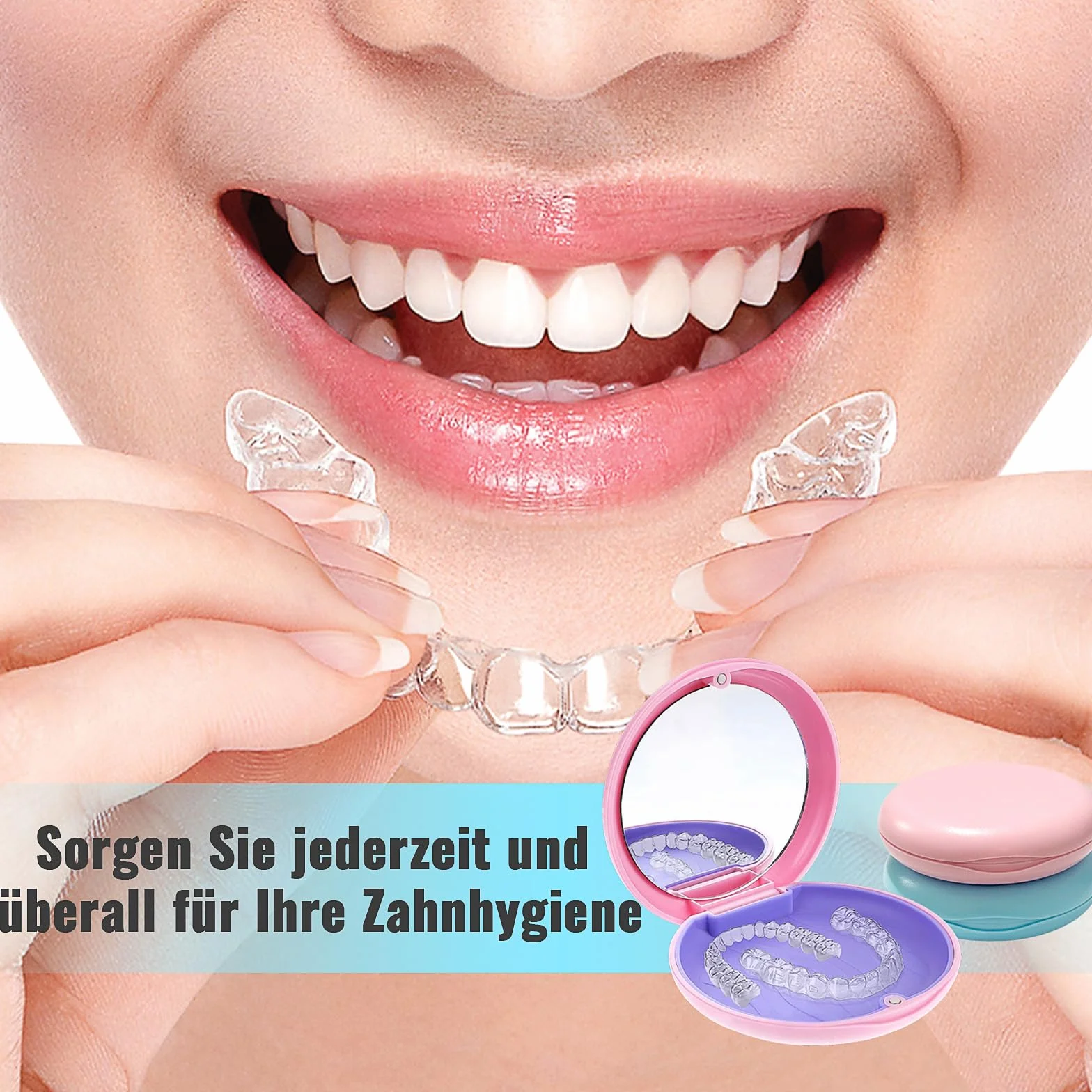 Caja de Dentaduras Portátil con Espejo 2 PC para Retenedores Soportes Protectores Bucales Azul y Rosa