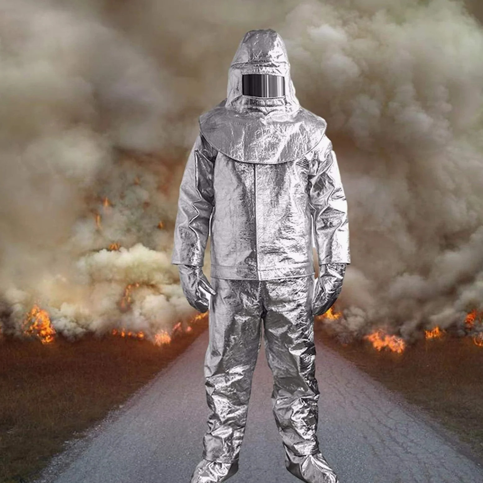 Traje Resistente Al Fuego Traje Retardador Llamas Traje Aluminizado Resistente Calor Papel Aluminio Mina Carbón, Pozo Petróleo, Mina, Planta Química,500°-170-180cm
