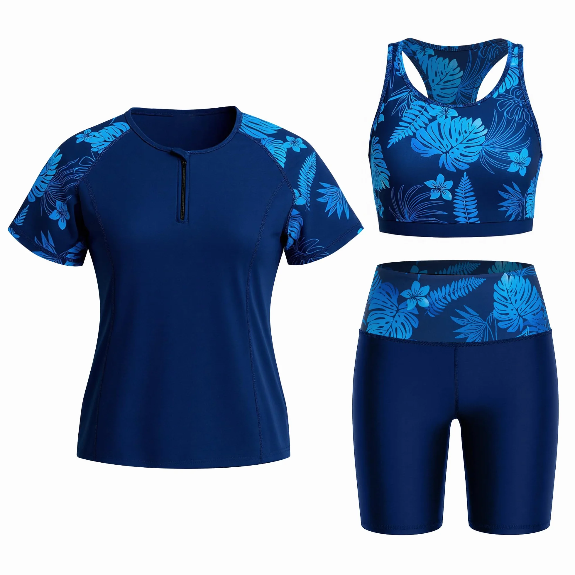 Owntop Conjunto de 3 piezas para mujer con camiseta de manga corta y bañador de secado rápido con protección UV para playa, natación, deportes acuáticos