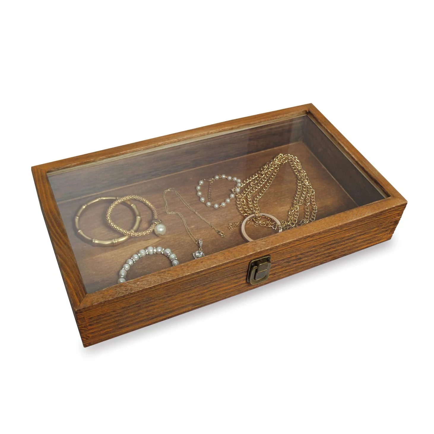 Mooca - Caja de exhibición de joyería de Madera Lavada con Tapa Superior de Vidrio Templado, 15 Pulgadas x 8.5 Pulgadas x 2 7/8 Pulgadas de Alto