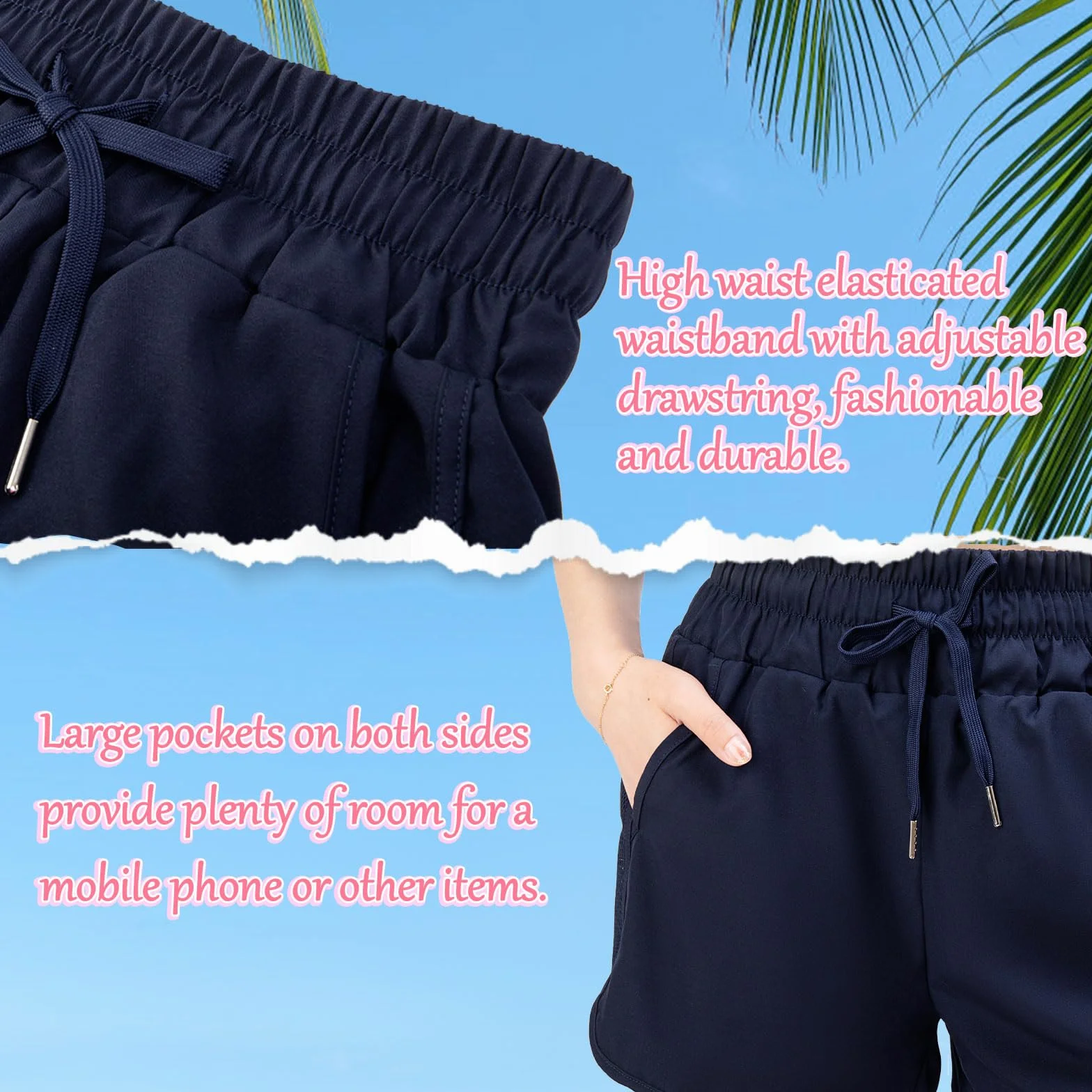 Pantalones cortos de natación para mujer, de cintura alta, de secado rápido, con cordón ajustable, pantalones cortos de surf con parte inferior y bolsillos