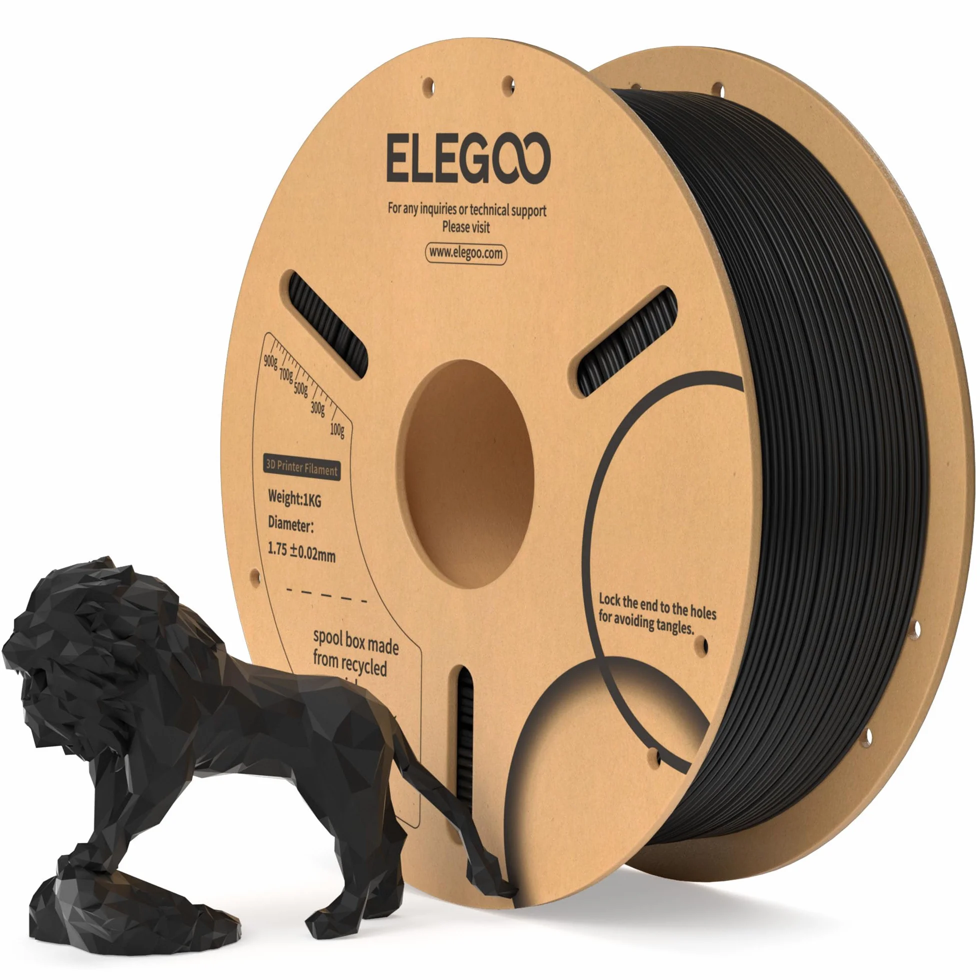 ELEGOO Filamento PLA 1.75mm 1KG Negro para Impresora 3D Precisión Dimensional +/- 0.02mm