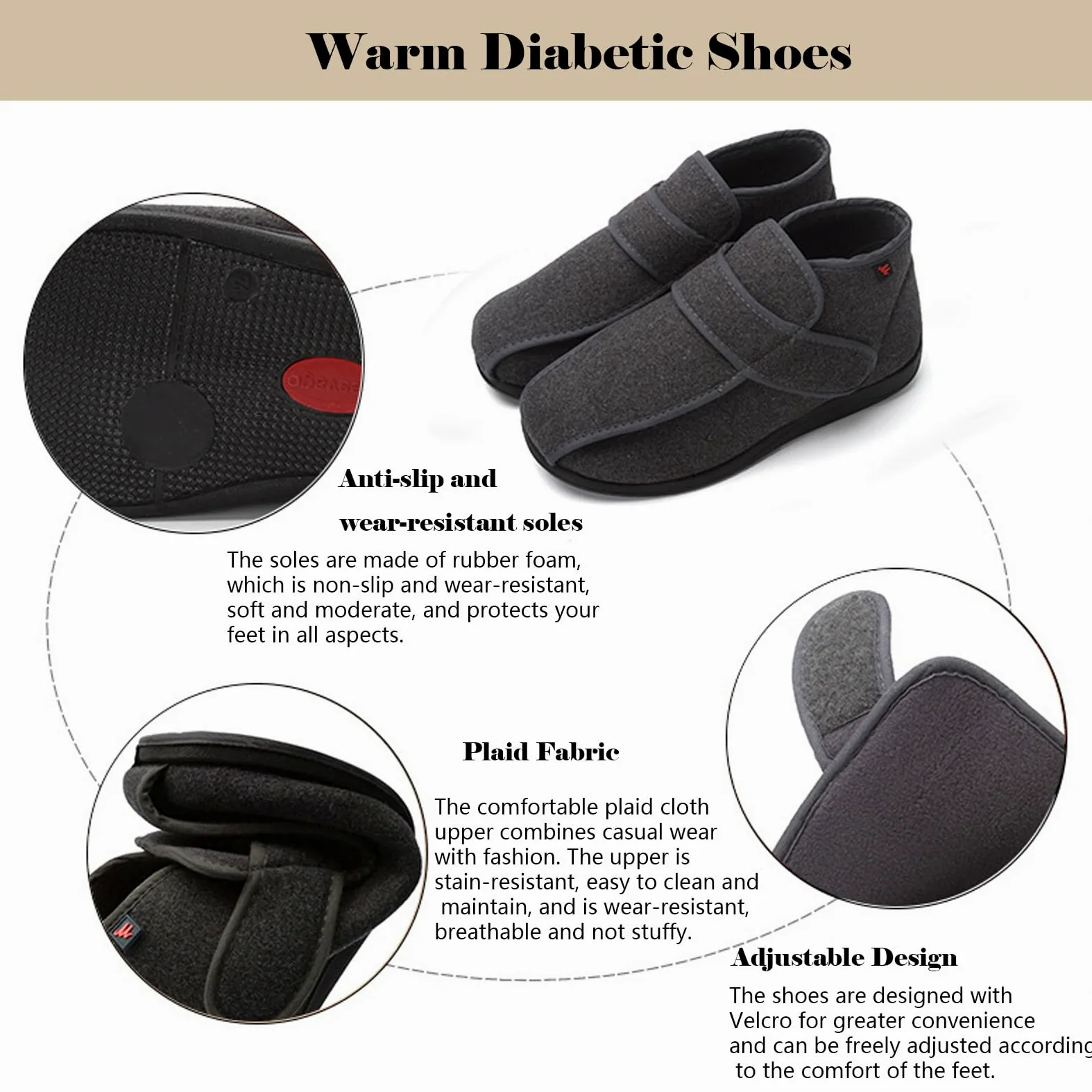 bumuam Respirable Zapatillas Zapatos,Zapatillas Ortopédicas para Diabéticos Extra Anchas para Ancianos, Cierre Ajustable para Pies Hinchados, Edema, Artritis EU 32(21.5cm/8.4in)