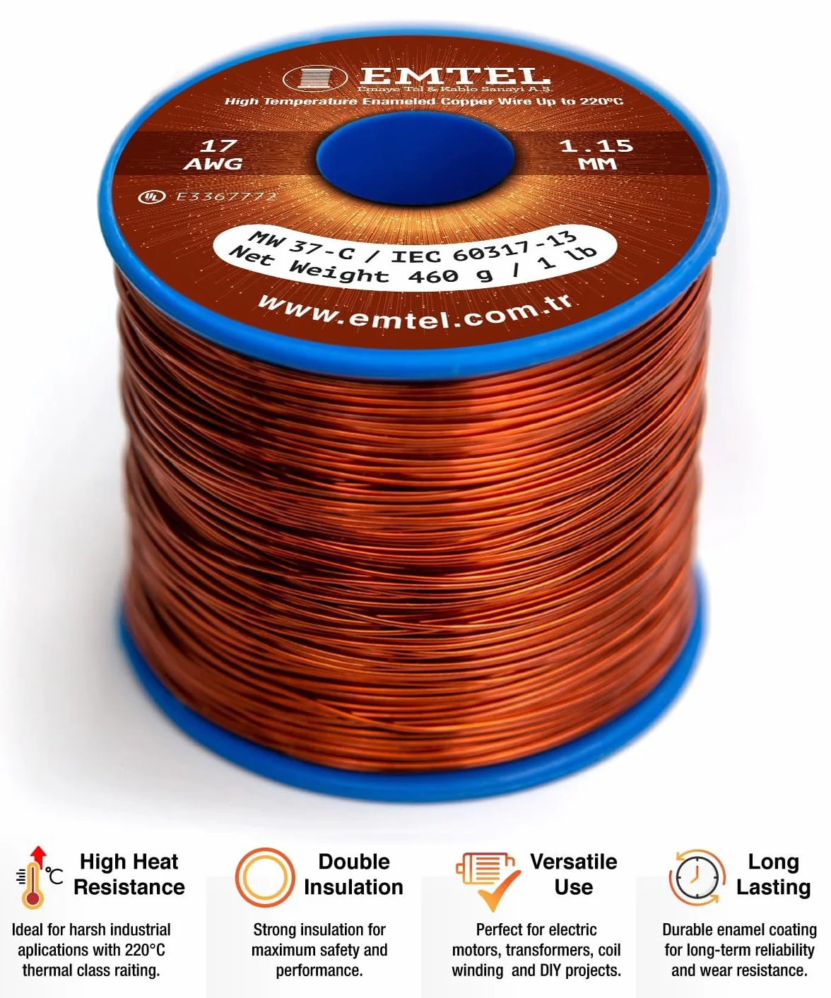 Emtel Alambre de cobre esmaltado 1.15 mm 500 gr 53 m 220°C
