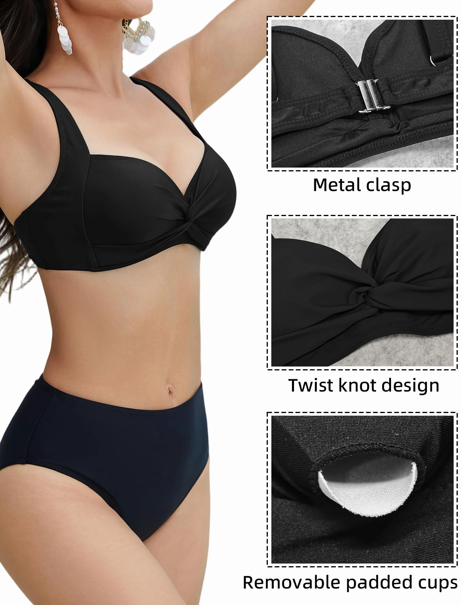 Top de Bikini Push Up para Mujer Traje de Baño Corte con Torsión Clásico Retro