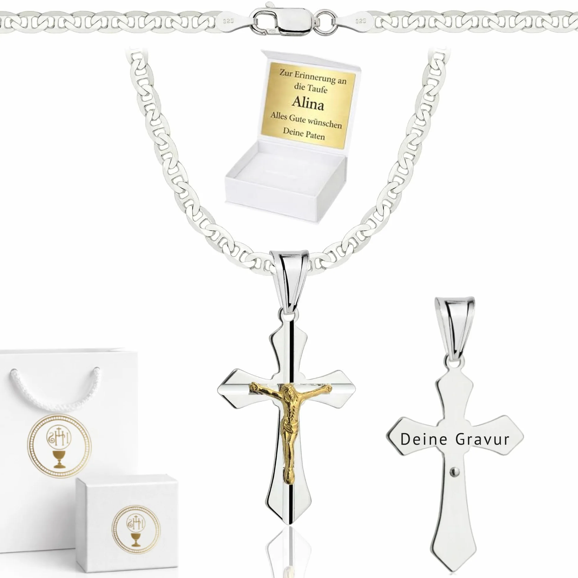 ZELYA Cadena de plata con cruz de plata 925 cadena de eslabones para niñas y niños – Cadena de comunión con cruz de 45 cm, cadena infantil para comunión y bautizo, caja de regalo con grabado, 45 cm