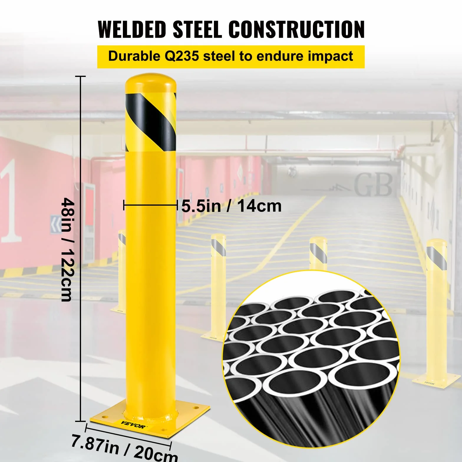 VEVOR Bolardo de Seguridad 122x14 cm 2 Piezas Tubo de Acero Recubrimiento de Polvo Amarillo Barrera de Seguridad