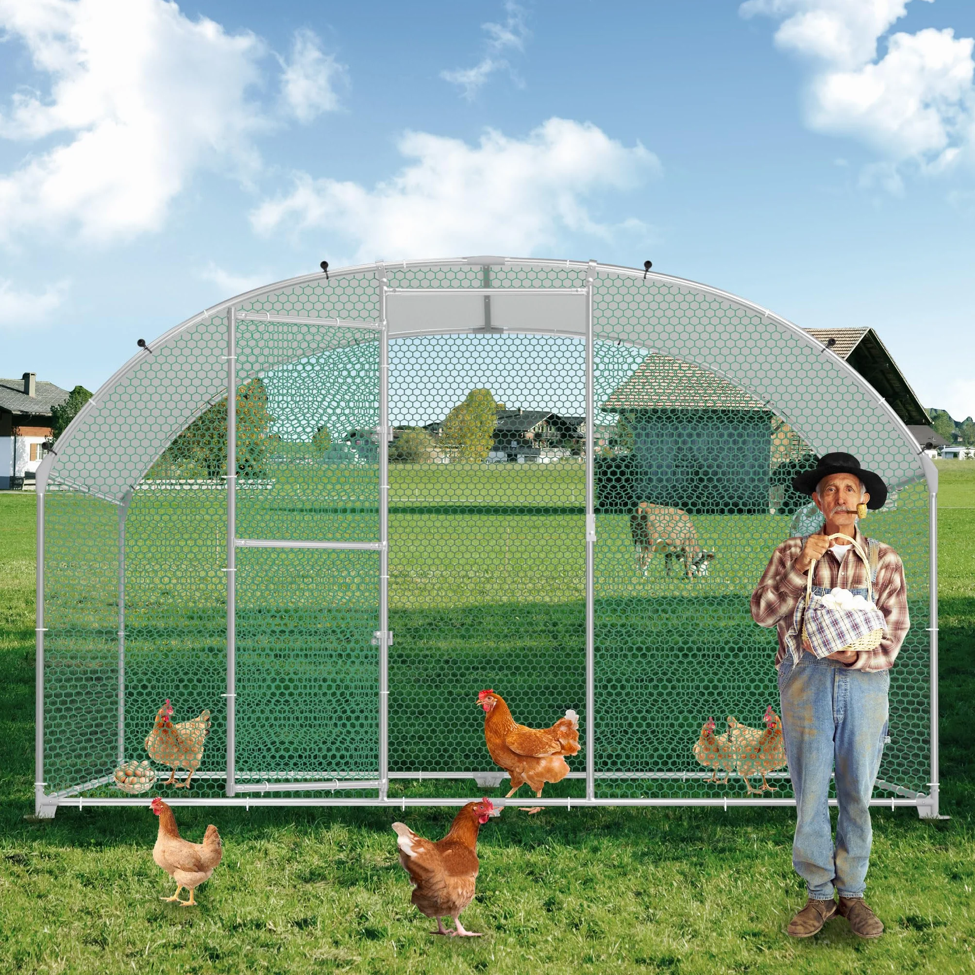 HENGMEI Gallinero 300x200x200cm Acero galvanizado Jaula para gallinas con techo de PE Exterior