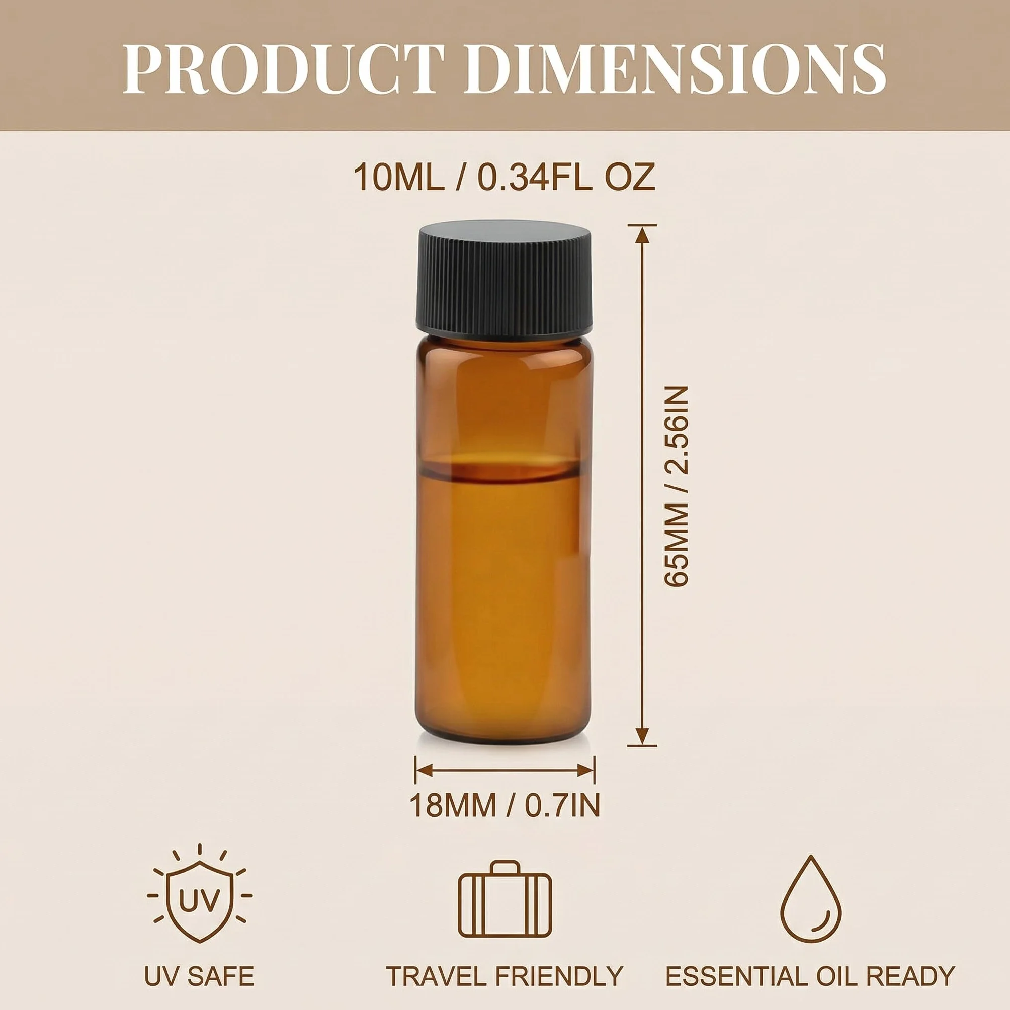 Botellitas Pequeñas 10ml Cristal Ámbar con Tapa Hermética 18x65mm Pack 20