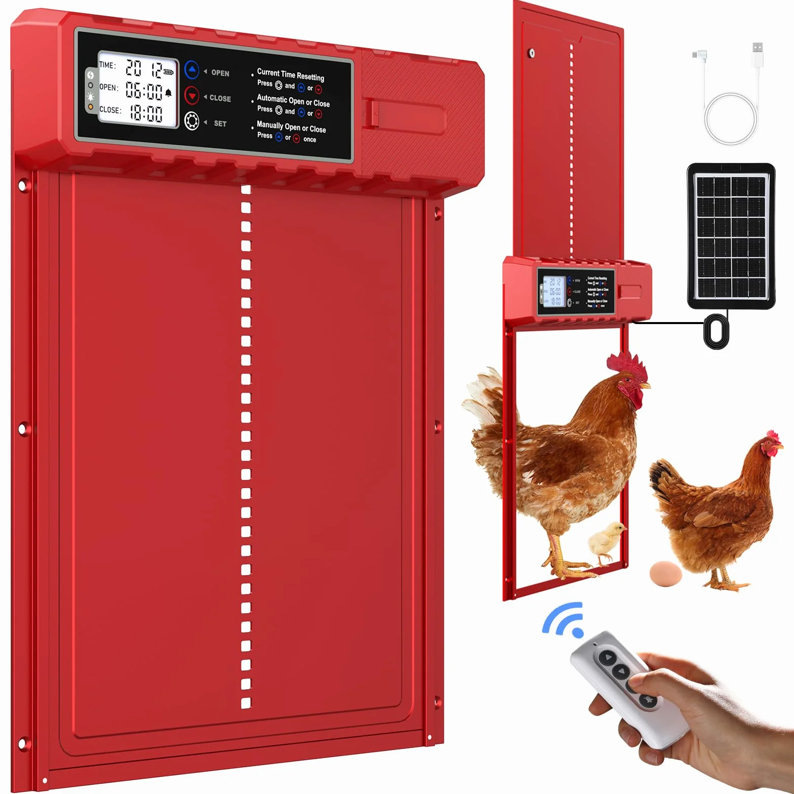 Puerta Gallinero Automatica Solar Roja con 3 Modos, Proteccion contra Pinchazos, Aluminio Resistente a la Intemperie