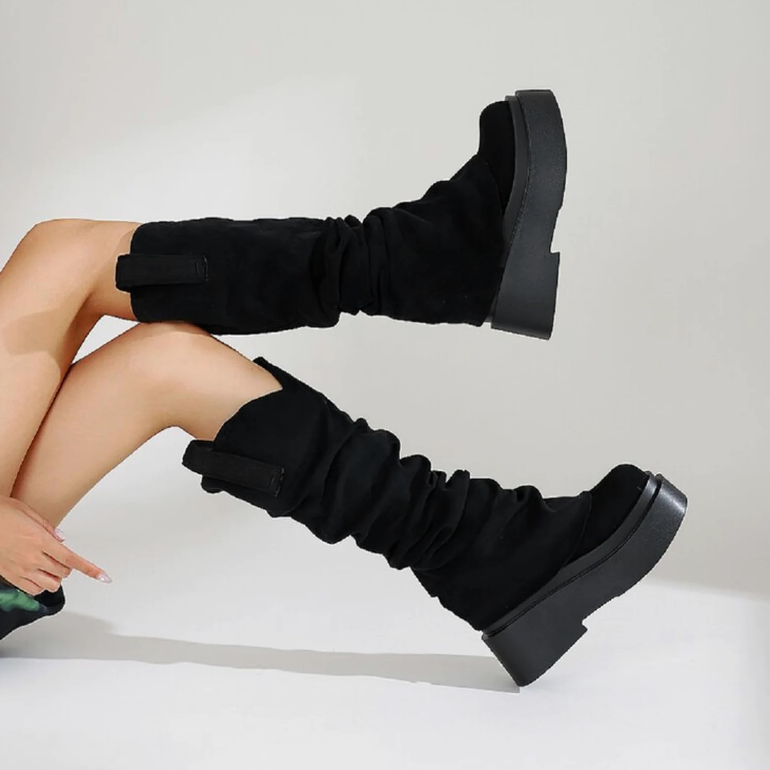 Botas Altas hasta la Rodilla con Plataforma para Mujer, Botas Altas con Punta Redonda, Botas de Media Pantorrilla para otoño e Invierno, Botas Vaqueras Occidentales, Botas de Montar