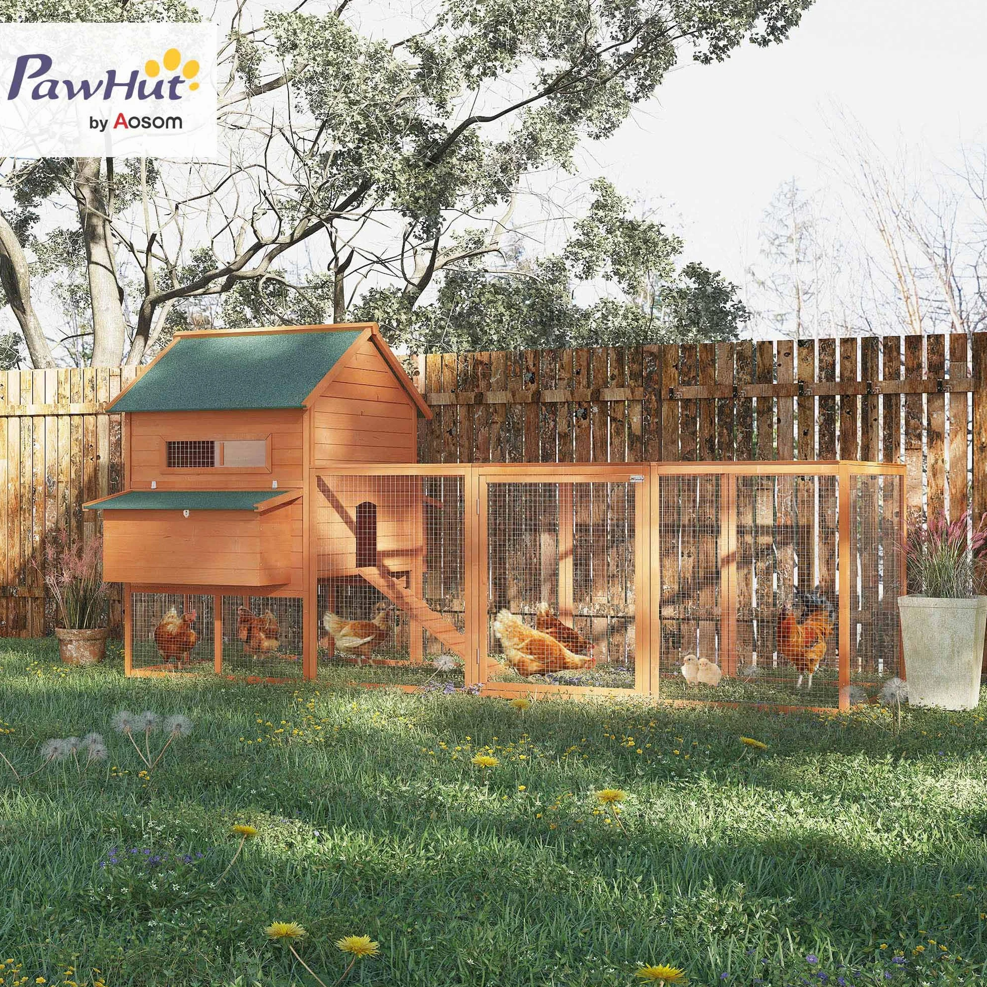 PawHut Gallinero de Madera Grande Exterior 347x160x150 cm para 4-6 Gallinas con 2 Nidos, Corral, Techo Asfáltico