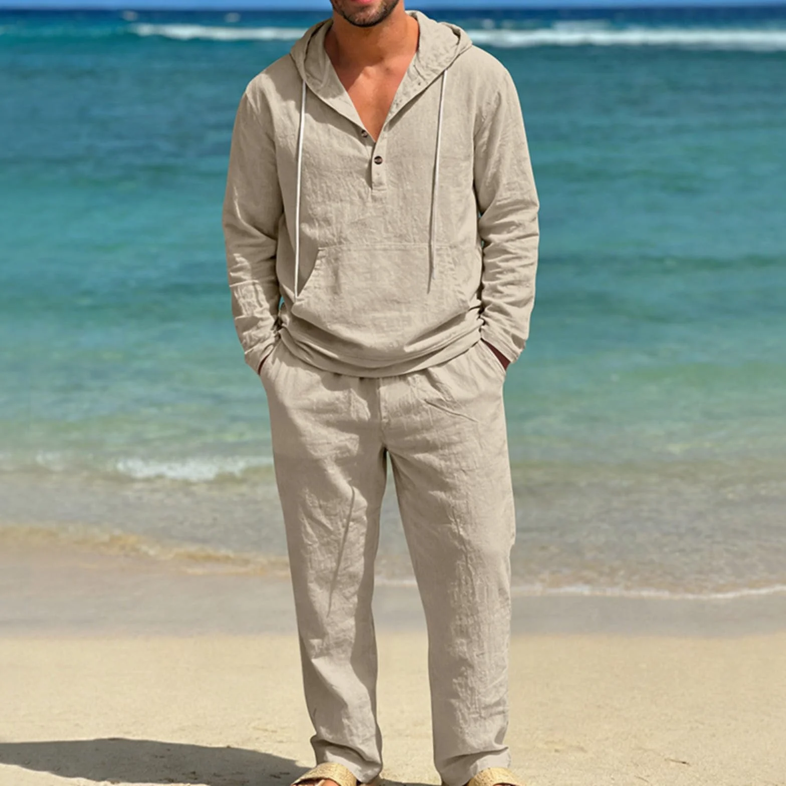 Generisch Ropa de lino para hombre, traje deportivo ligero de manga larga, sudadera de 2 piezas con capucha y pantalones de playa, traje de ocio, traje de jogging informal, chándal informal para