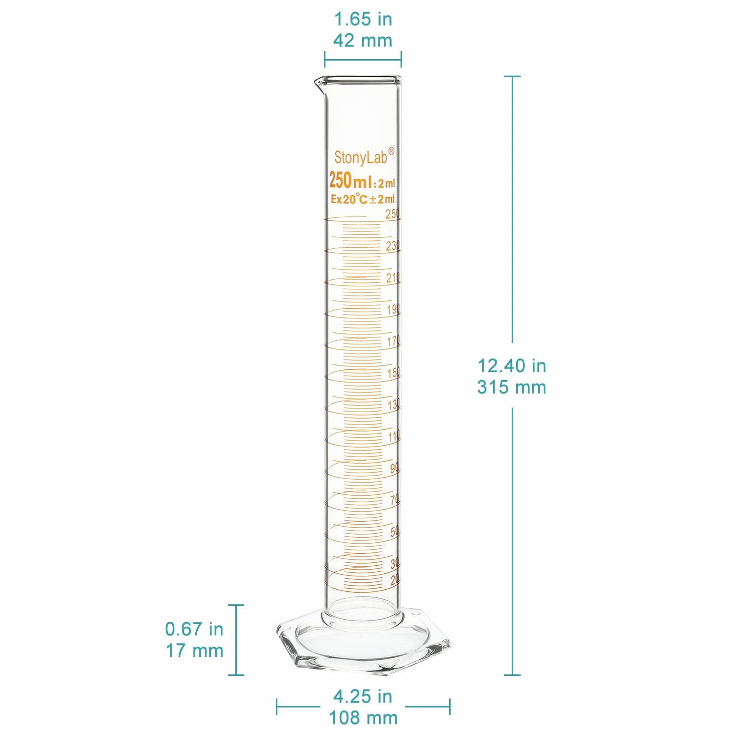 Cilindro Graduado de Vidrio de Borosilicato 250 ml, Paquete de 2 con Base Hexagonal