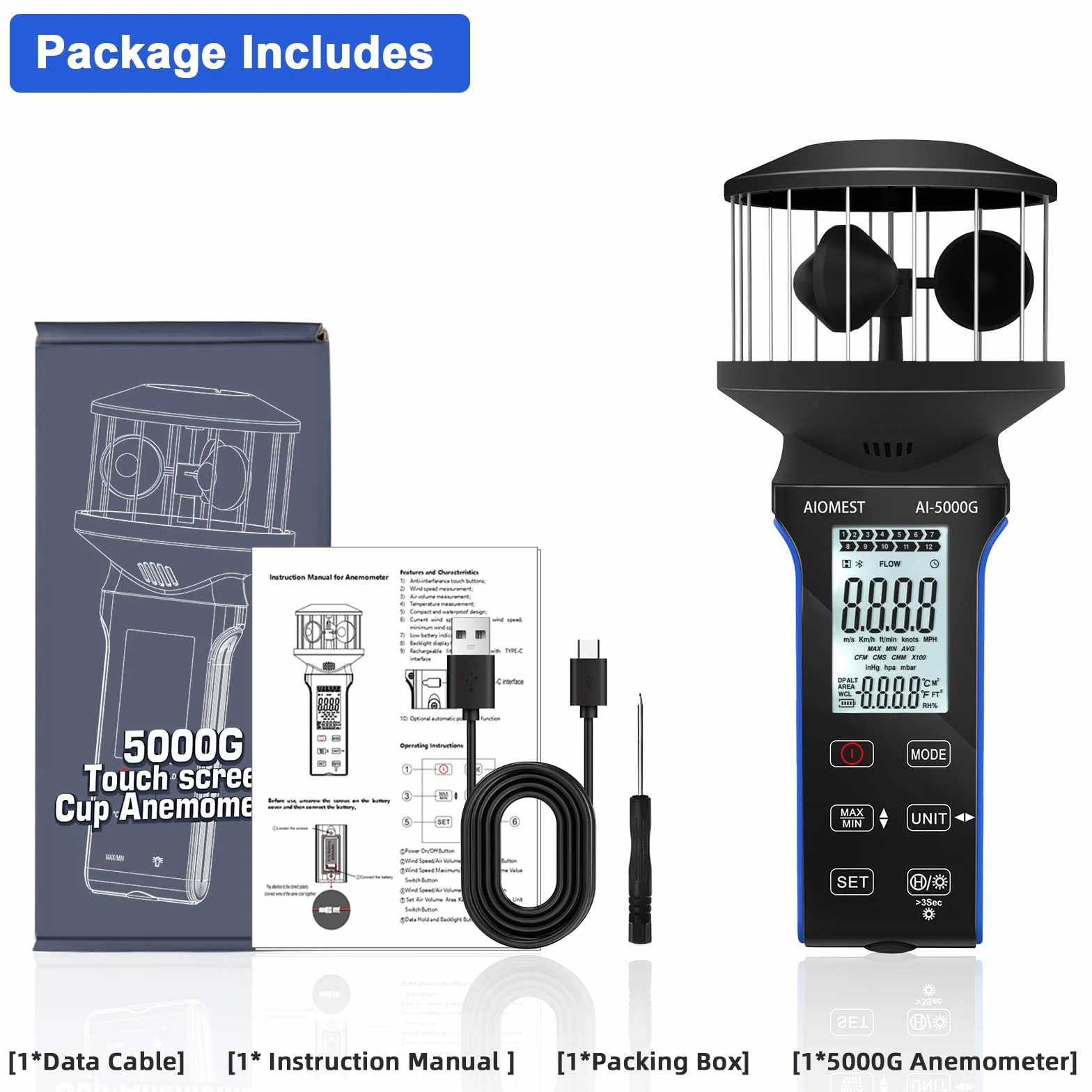 Anemómetro Digital Medidor de Caudal de Aire, AIOMEST Mano Sensor Viento 360°, m³/min