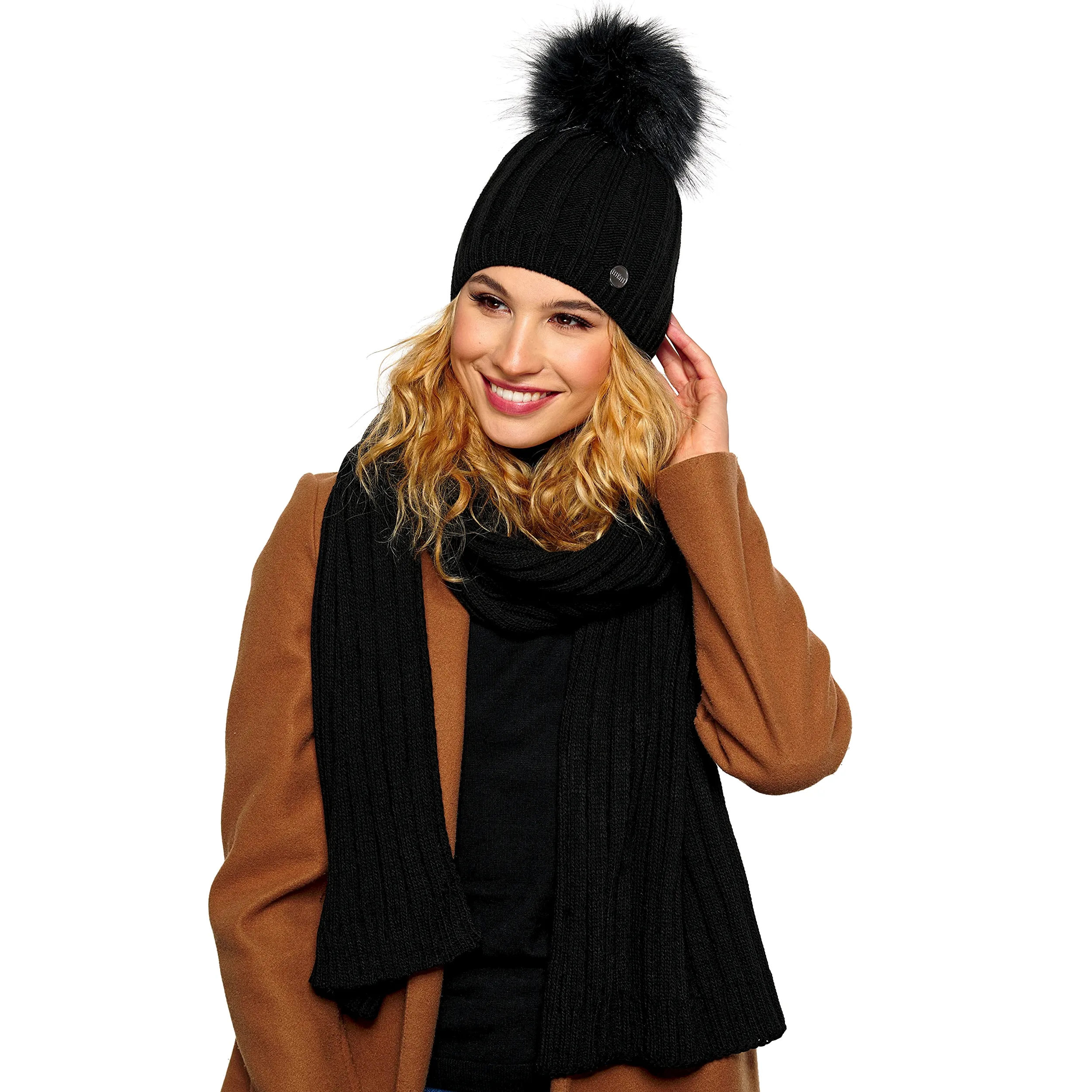 ELIMELI® Gorro de cachemira para mujer, gorro de punto, gorro de invierno de lana con cachemira y pompón de piel sintética. Fabricado en la UE, Negro - Set con bufanda, Talla única