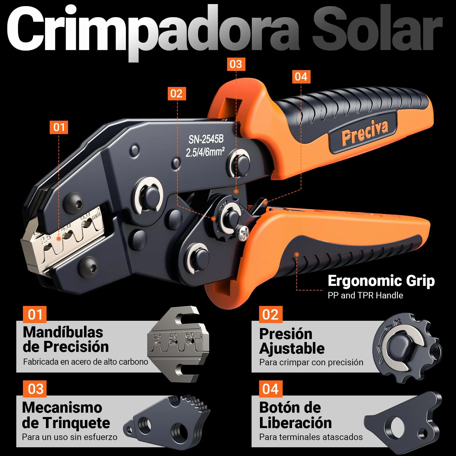 Preciva Kit Crimpadora MC4 2,5-6 mm² AWG16-10 Terminales Solares Conectores Fotovoltaicos Impermeable 2 Llaves Maletín