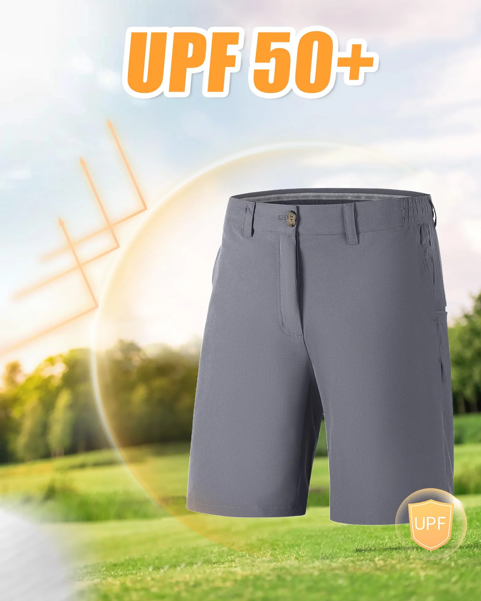 Outdoor Ventures Pantalones cortos de golf para hombre UPF 50+ elásticos, ligeros, de secado rápido, pantalones cortos de golf de 9 pulgadas con 3 soportes para té y bolsillos para golf