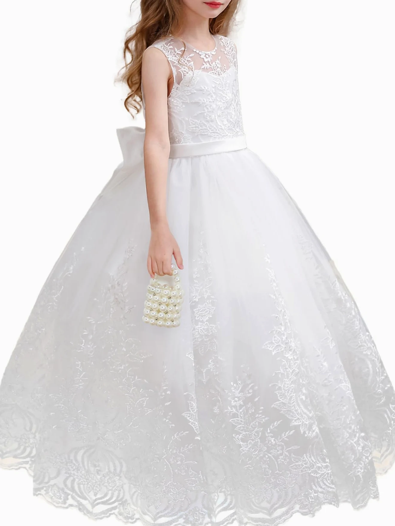 Aibaowedding Vestido de niña de flores bordado de tul de encaje vestido de fiesta de dama de honor cumpleaños fiesta comunión arco formal vestido de princesa