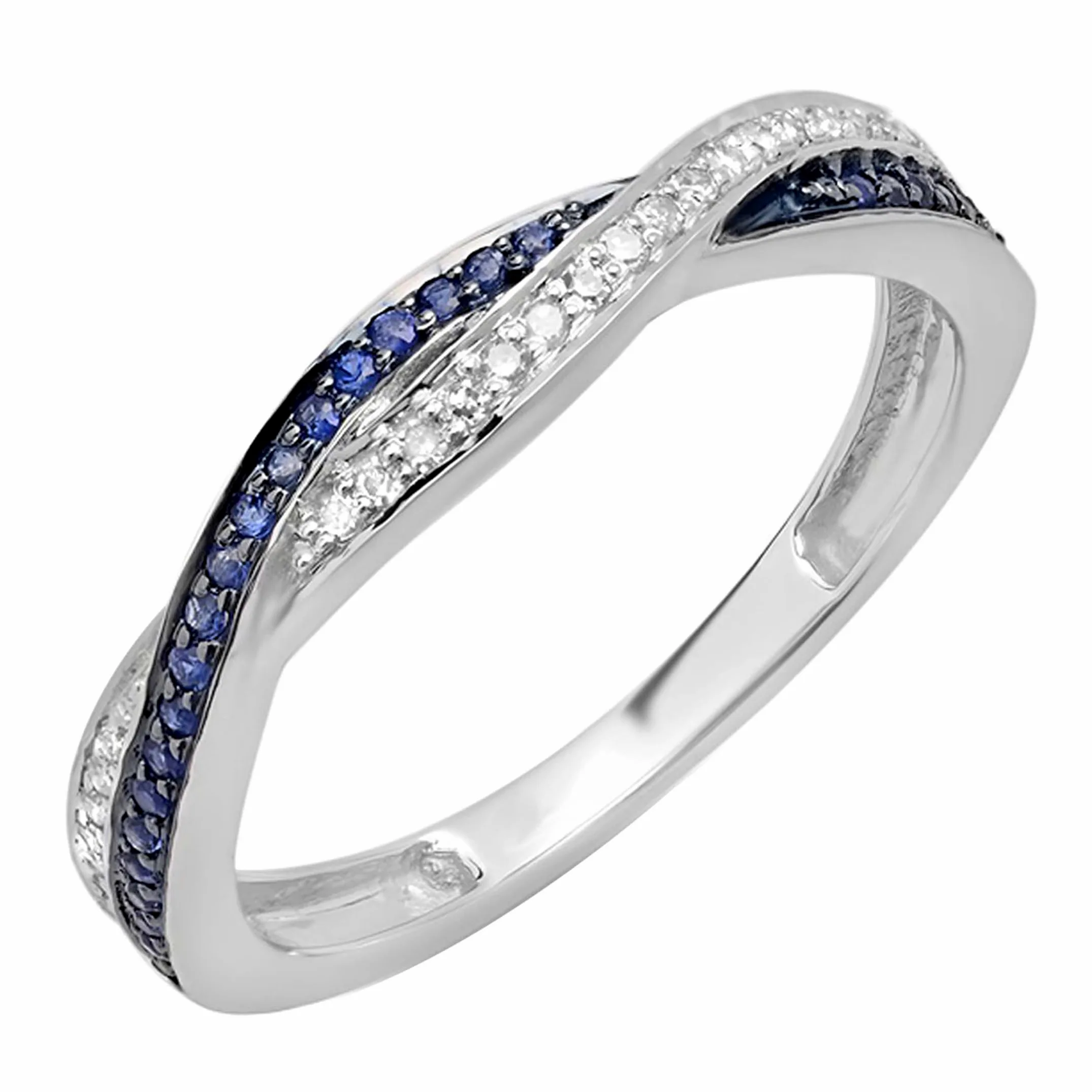 10 K oro redondo diamantes y azul Sapphire, apilable aniversario banda de boda Swirl anillo