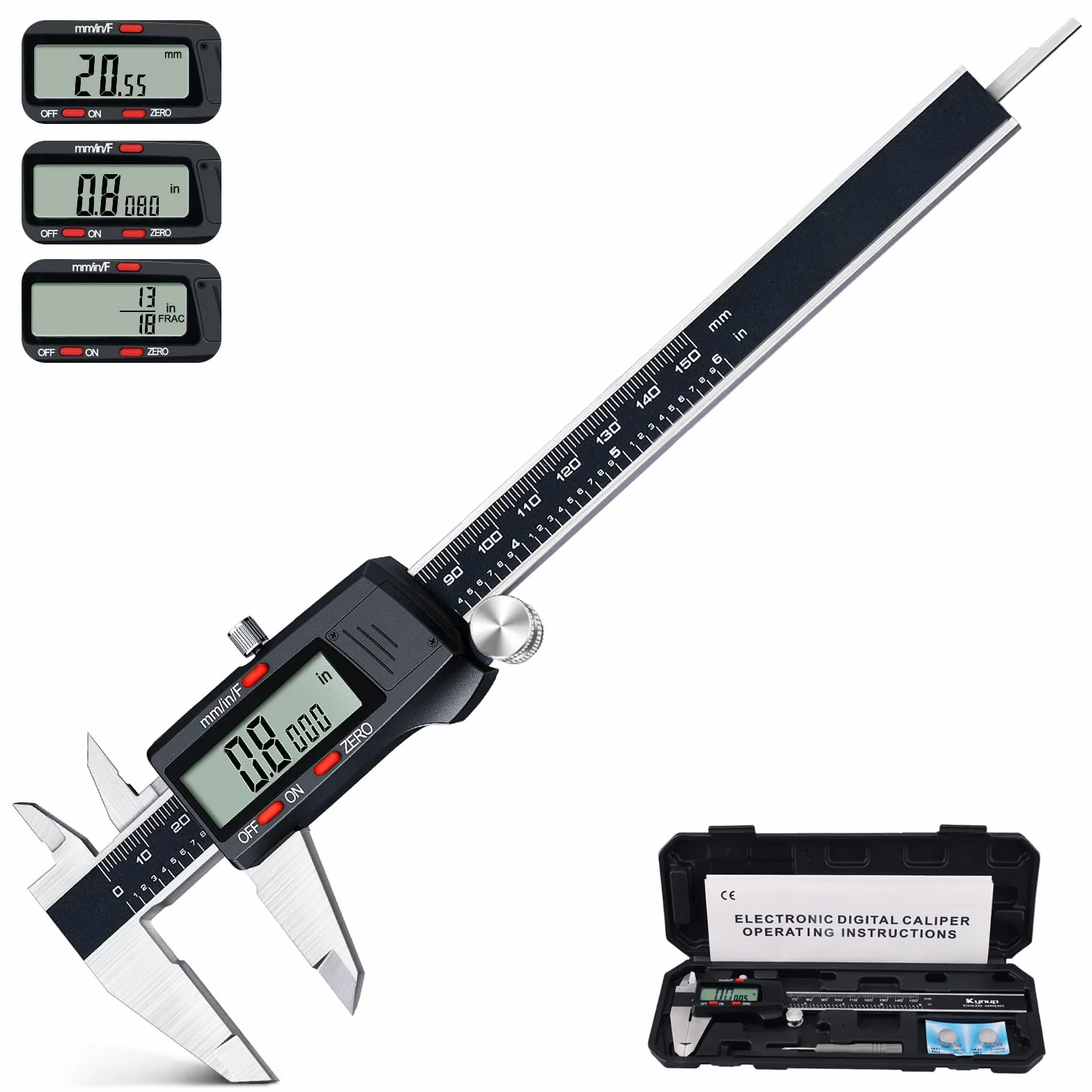 Kynup Calibre Digital Acero Inoxidable 150mm/6 Pulgadas, Pie de Rey Profesional con Pantalla LCD, Precisión 0.01mm