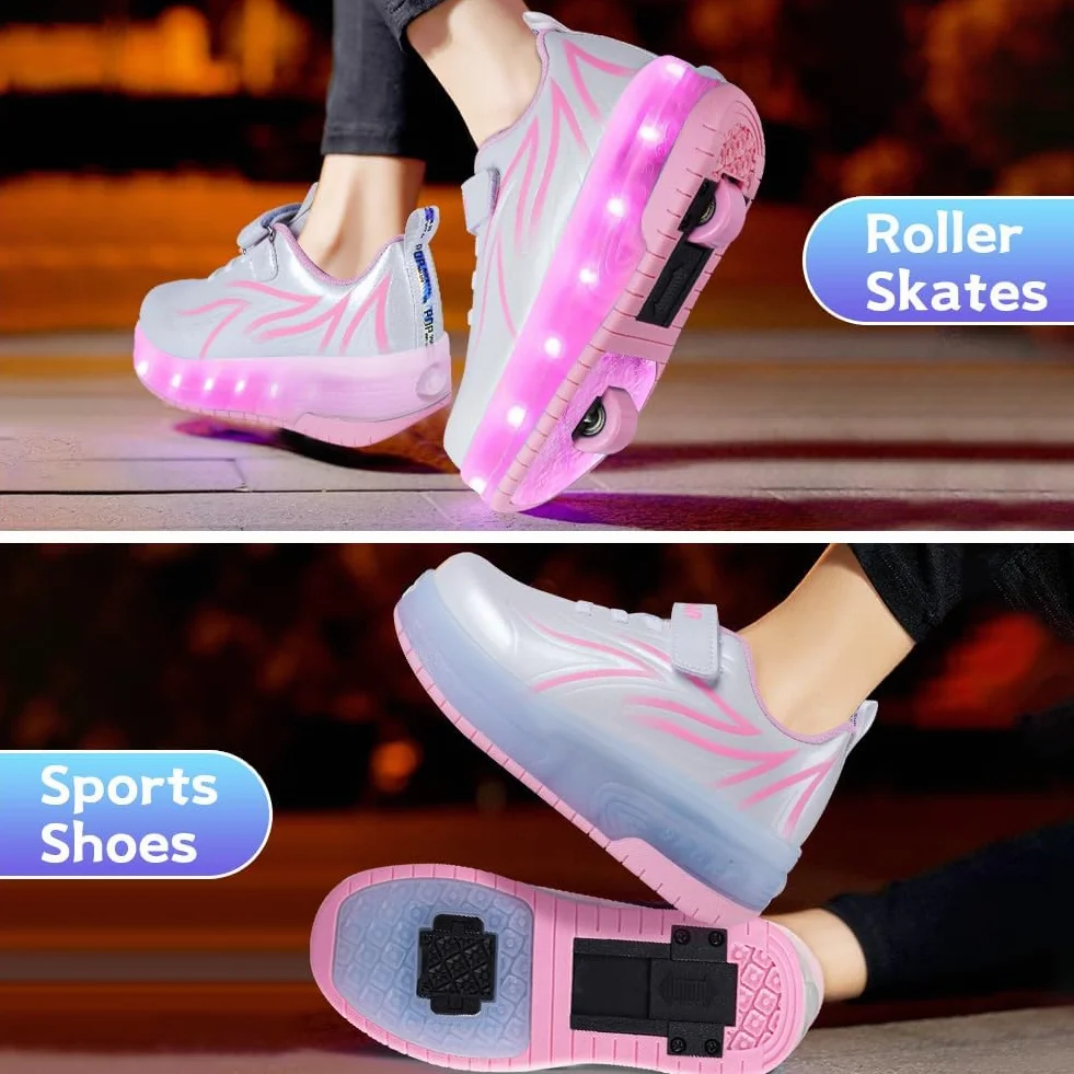 flintronic Buty z Dwoma Kółkami dla Dziewczynki, Świecące LED 2 w 1 Buty do Skateboardingu, Ładowane przez USB