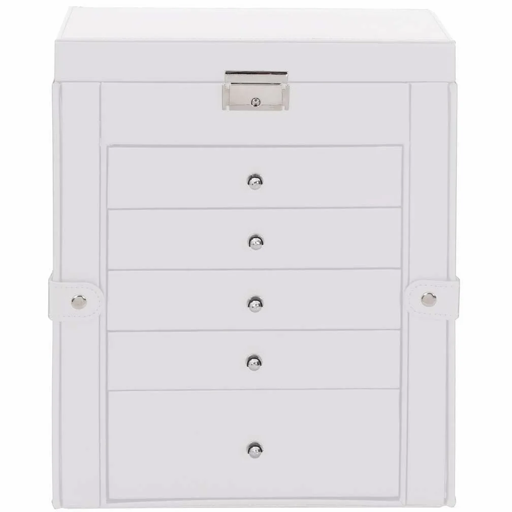 Joyero de 6 capas blanco con espejo y forro interior de terciopelo, se puede cerrar, 26 x 15,5 x 32 cm, con soporte para pendientes, caja de reloj, soporte para cadena, organizador para