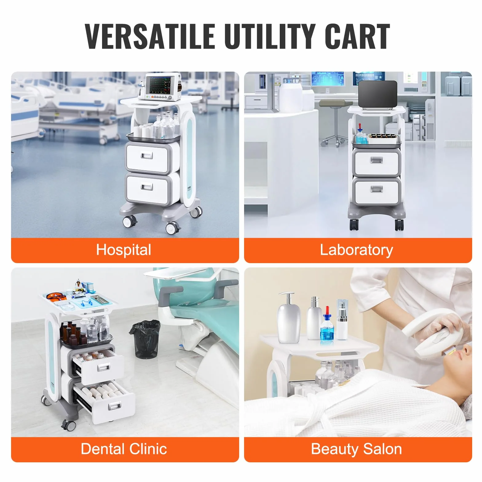 VEVOR Carro Médico 3 Niveles con 2 Cajones, ABS Blanco para Laboratorio Clínica Hospital